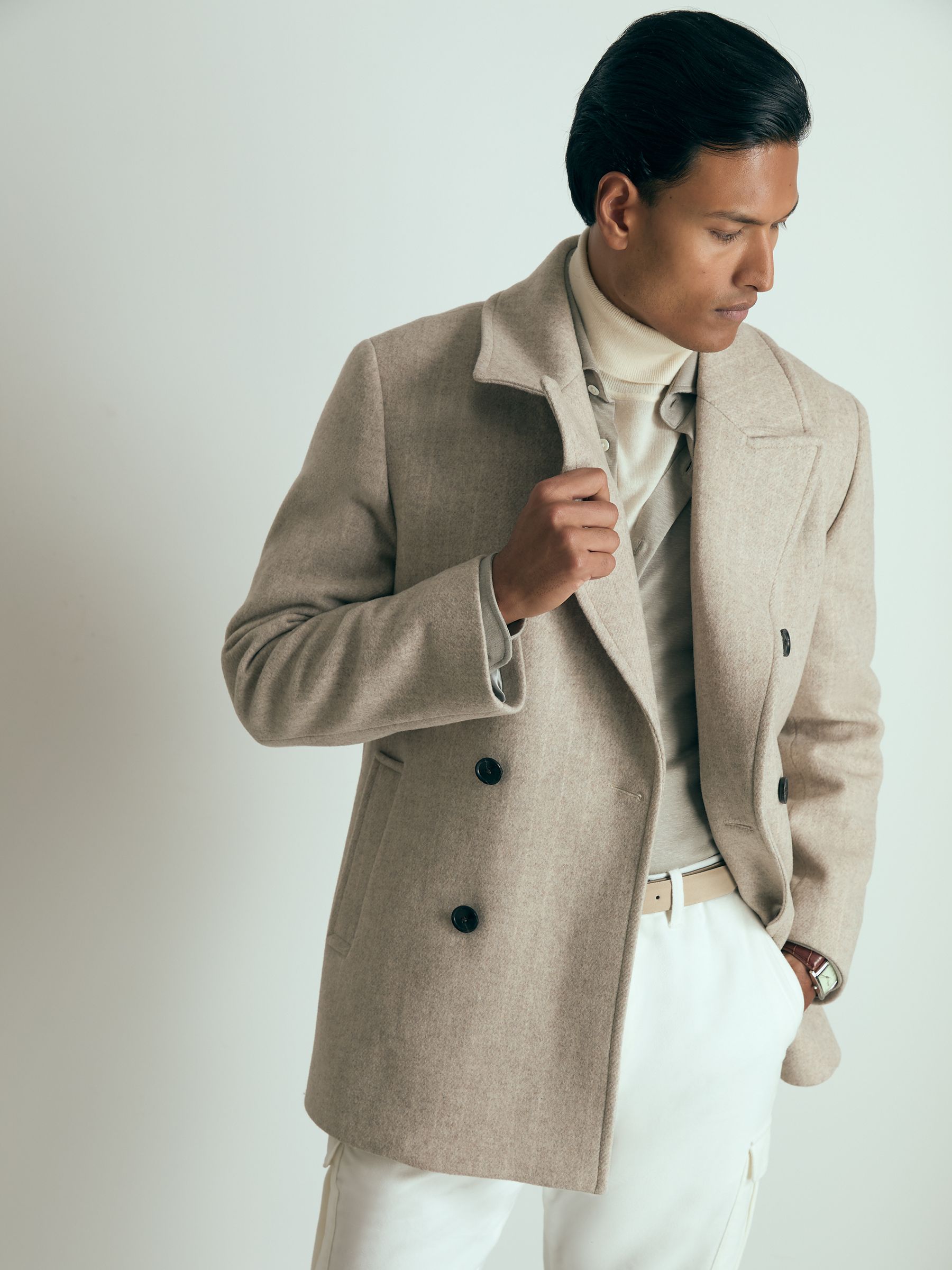 Wool-Blend Pinstripe Pea Coat in Oatmeal - Image 1 of 6