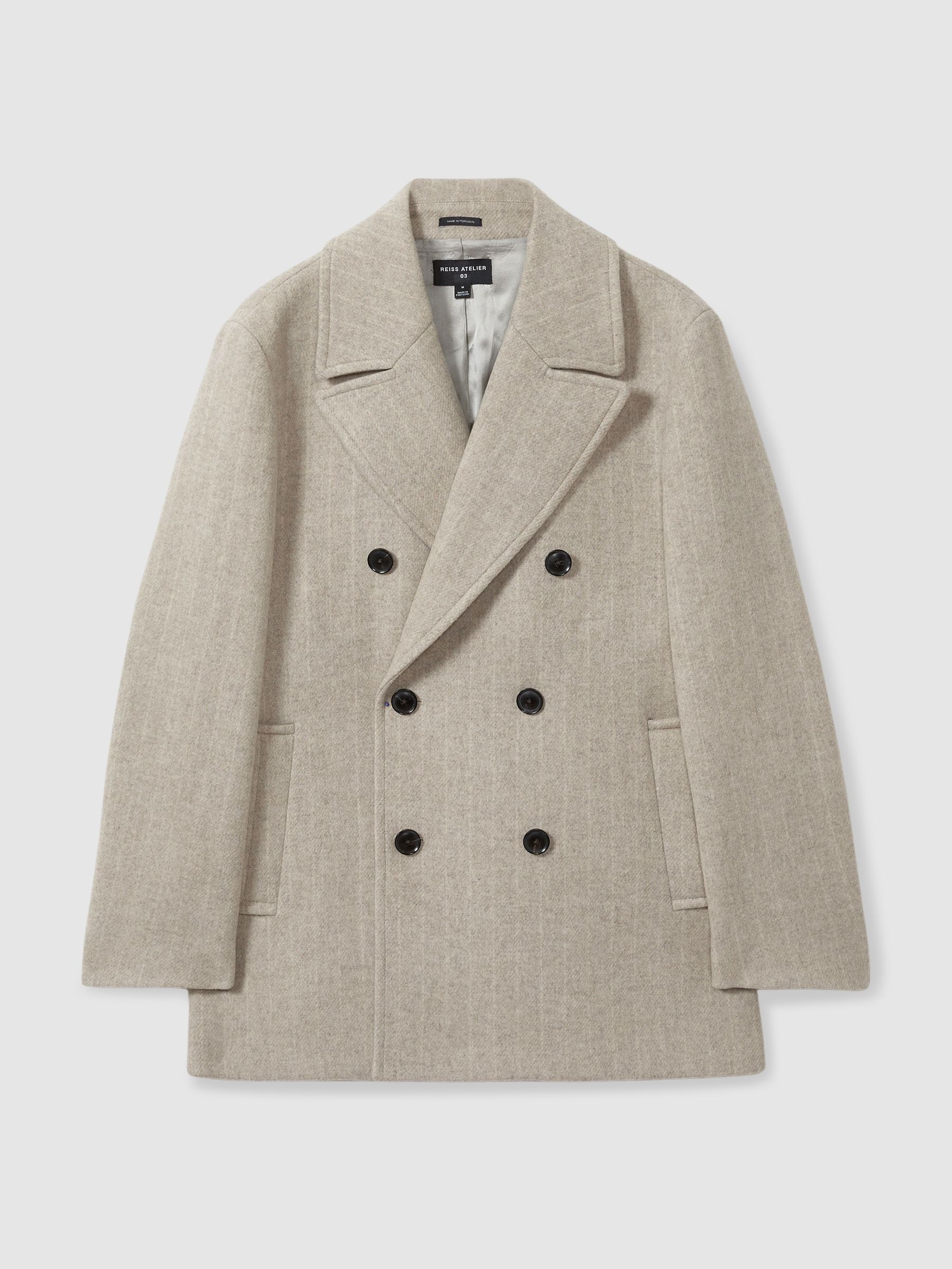Wool-Blend Pinstripe Pea Coat in Oatmeal - Image 2 of 6