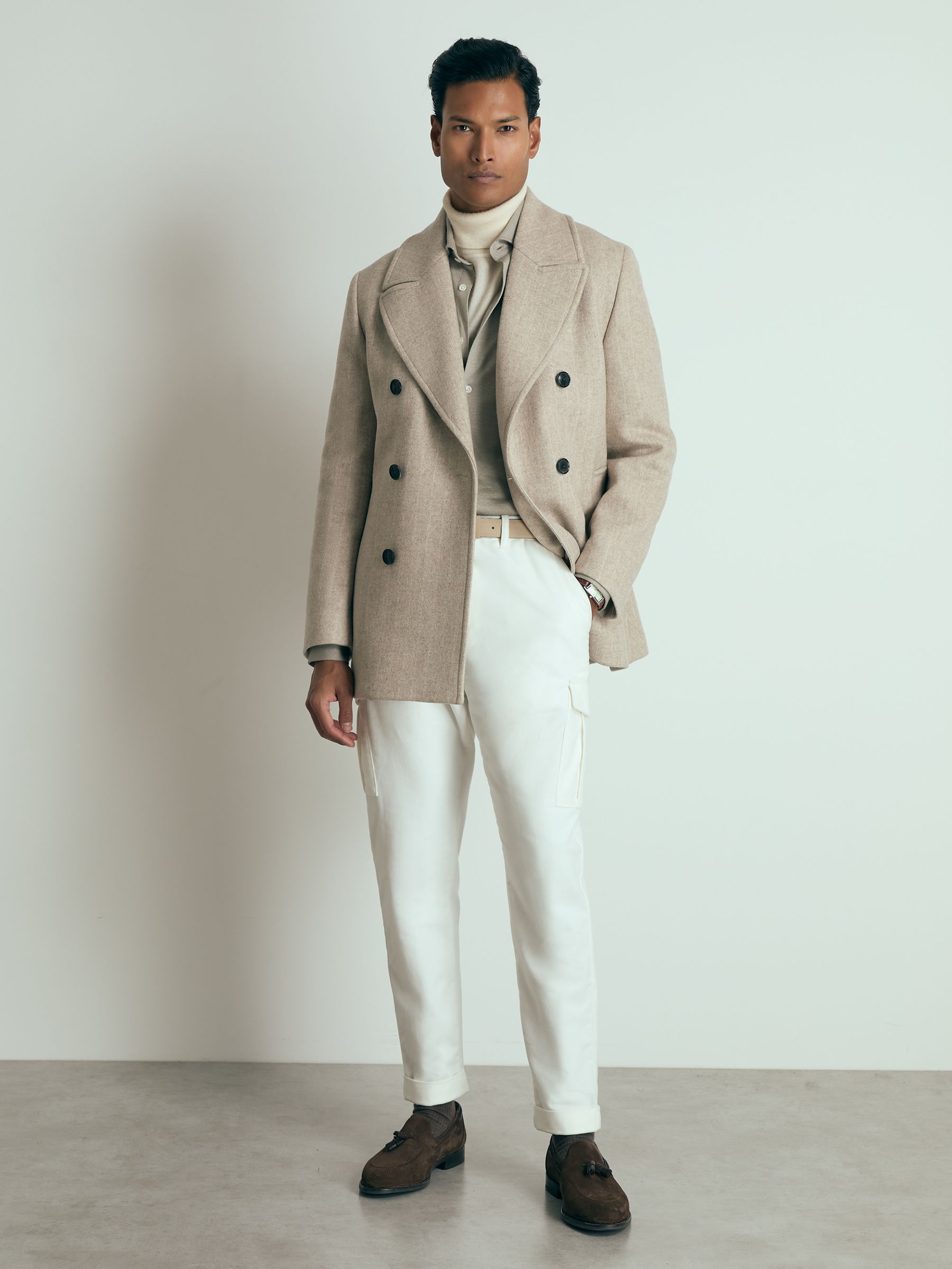 Wool-Blend Pinstripe Pea Coat in Oatmeal - Image 3 of 6