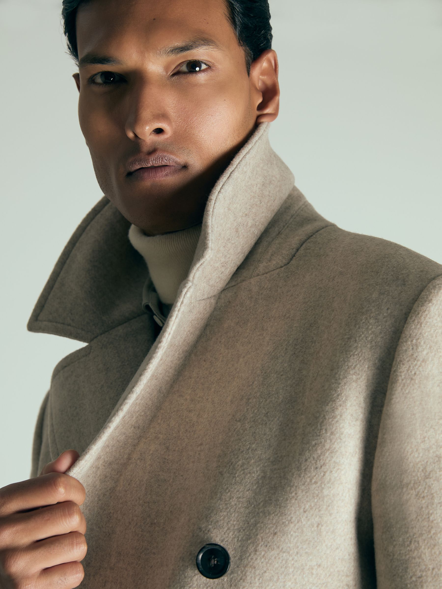 Wool-Blend Pinstripe Pea Coat in Oatmeal - Image 4 of 6