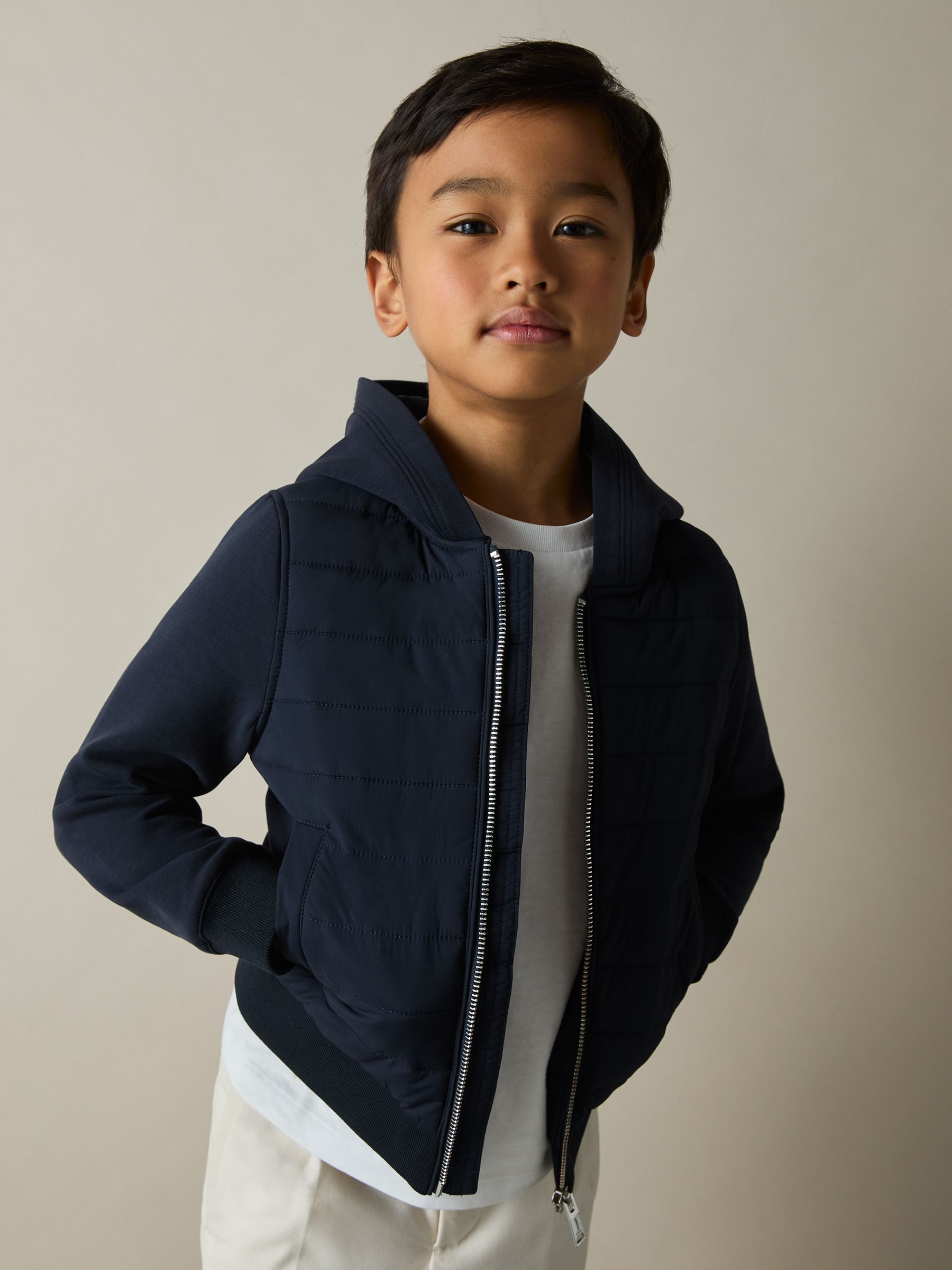 3-9 yrs Interlock Hybrid Hooded Puffer Jacket in Navy - Image 3 of 4