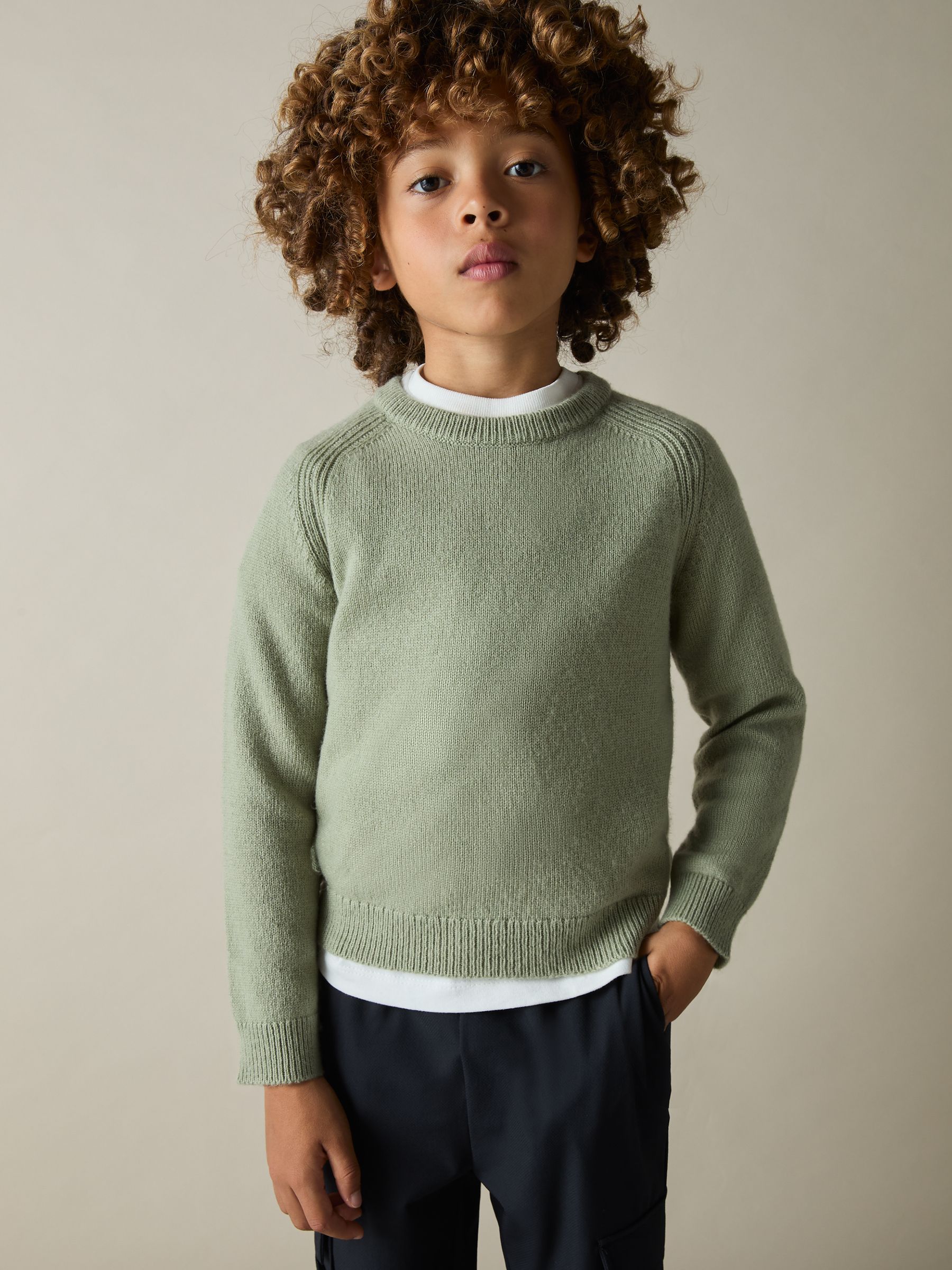 9-13 yrs Merino Wool-Blend Crew-Neck Jumper in Sage Green - Image 3 of 4
