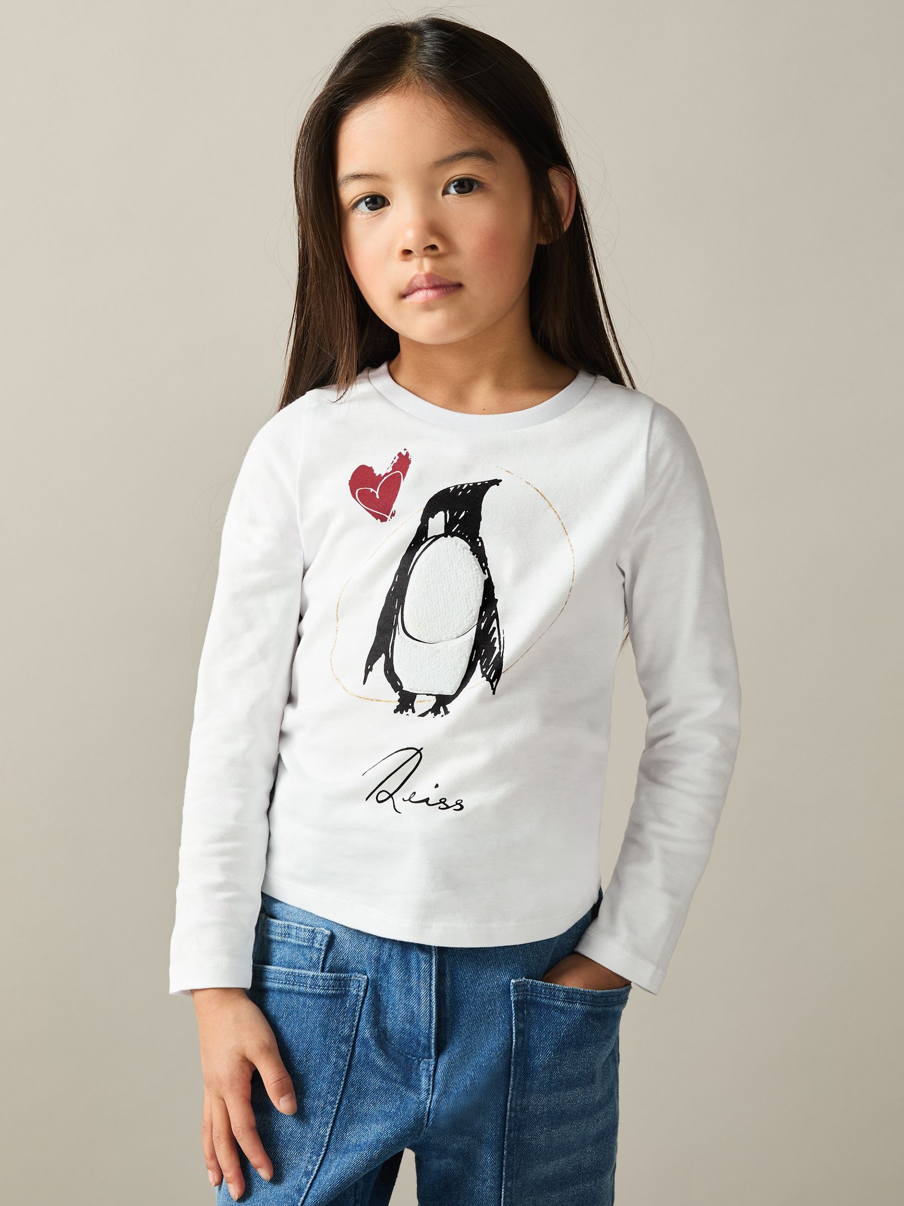 9-13 yrs Cotton Penguin-Print Logo T-Shirt in Ivory - Image 1 of 4