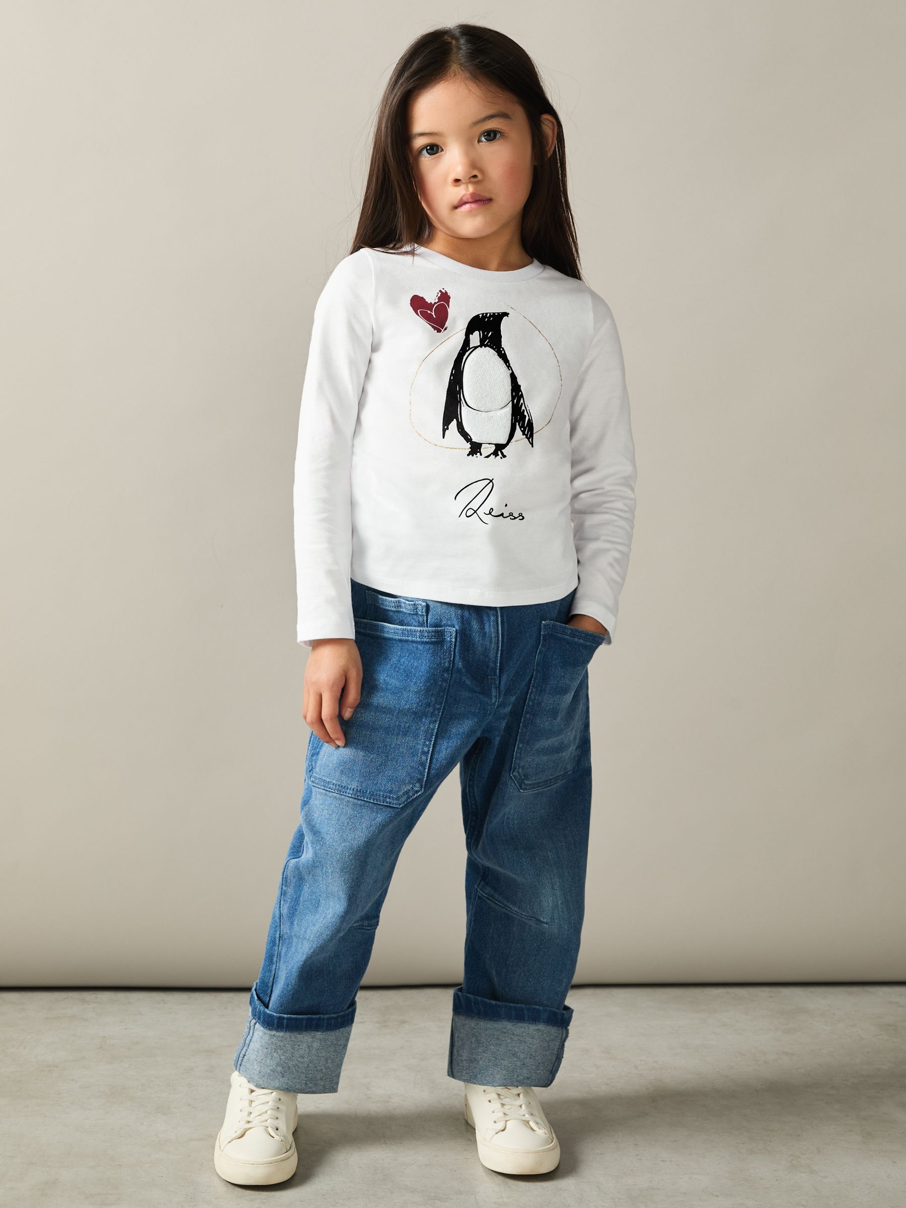 9-13 yrs Cotton Penguin-Print Logo T-Shirt in Ivory - Image 3 of 4