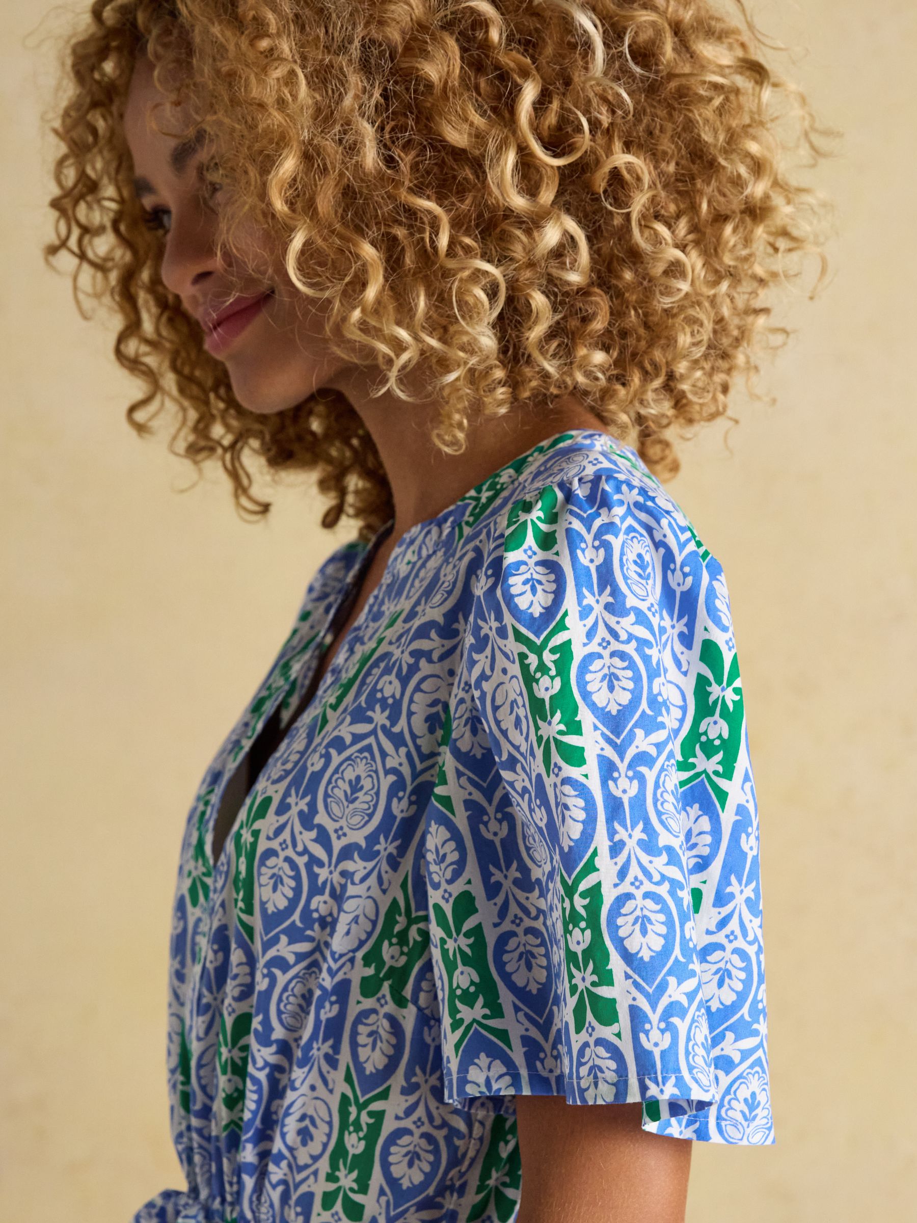 Cotton Dress Green/Blue Tie Waist and Notch Neck - Image 5 of 8