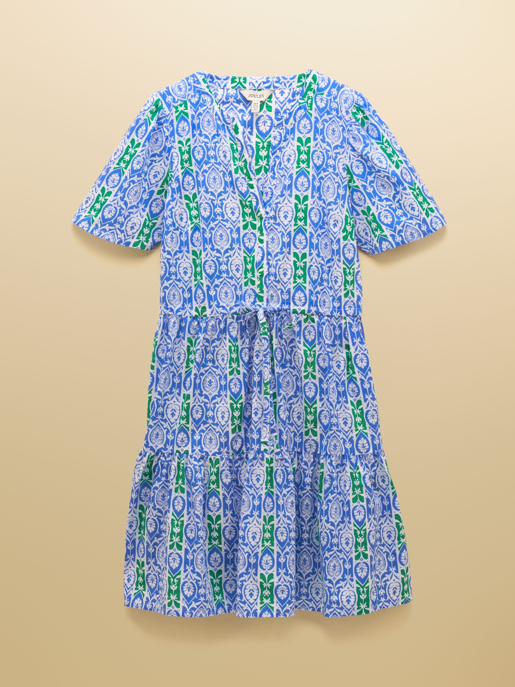 Cotton Dress Green/Blue Tie Waist and Notch Neck - Image 8 of 8