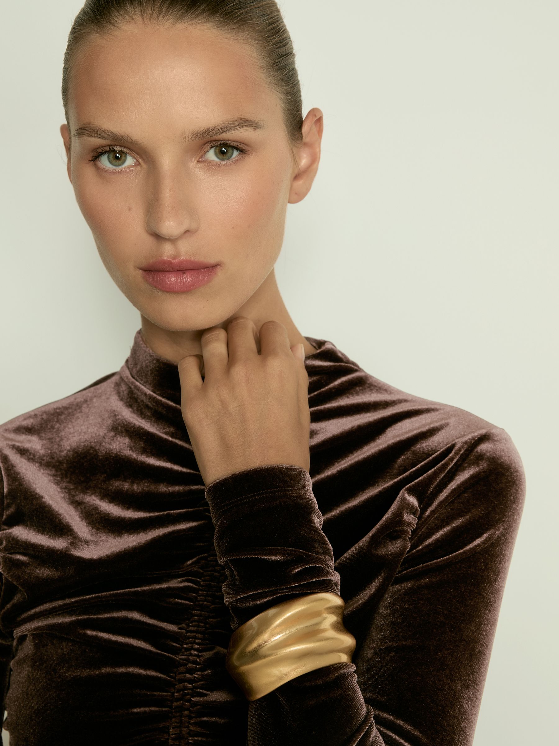 Velvet Ruched Long-Sleeve Top in Chocolate - Image 4 of 6