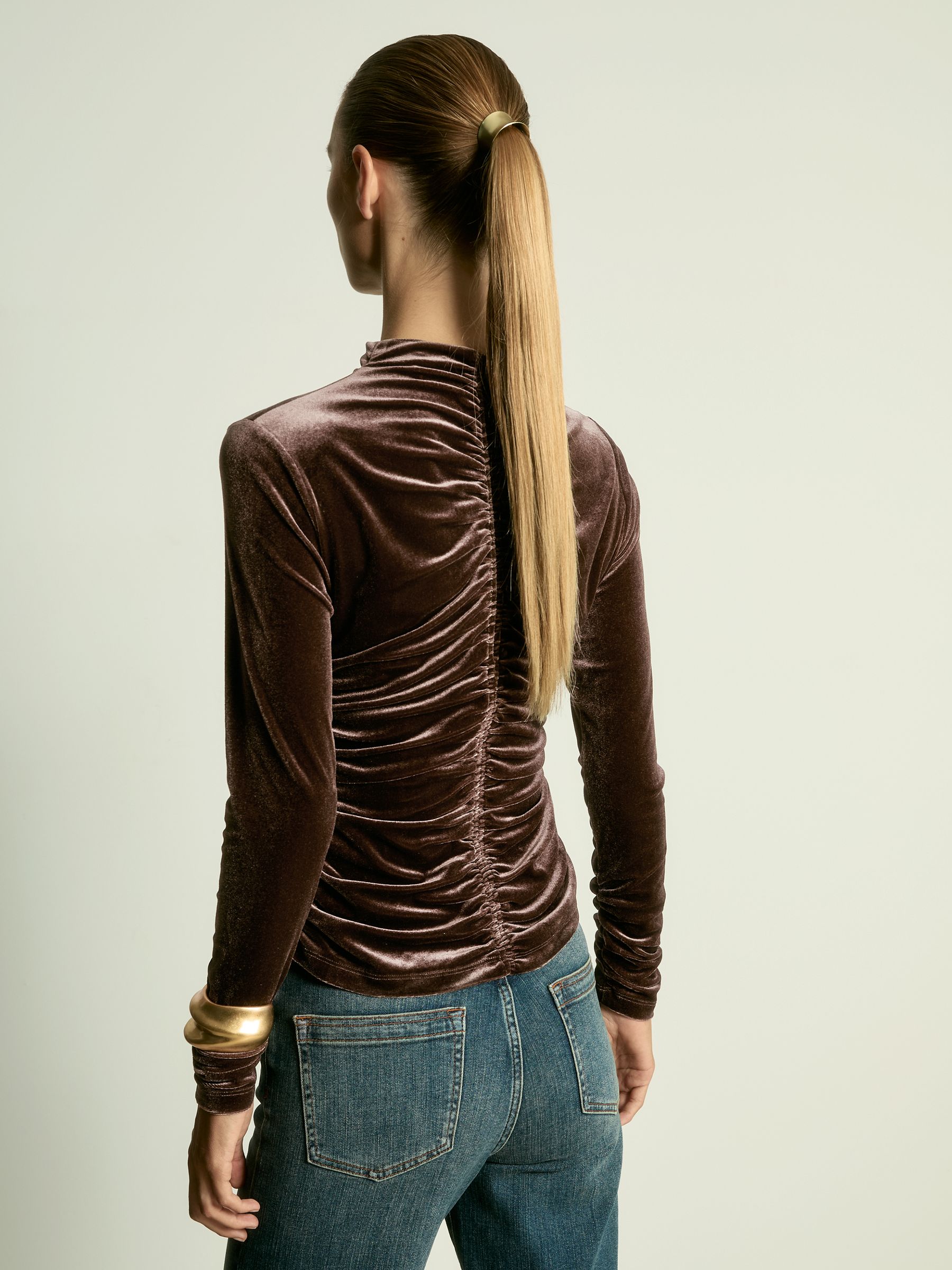 Velvet Ruched Long-Sleeve Top in Chocolate - Image 5 of 6