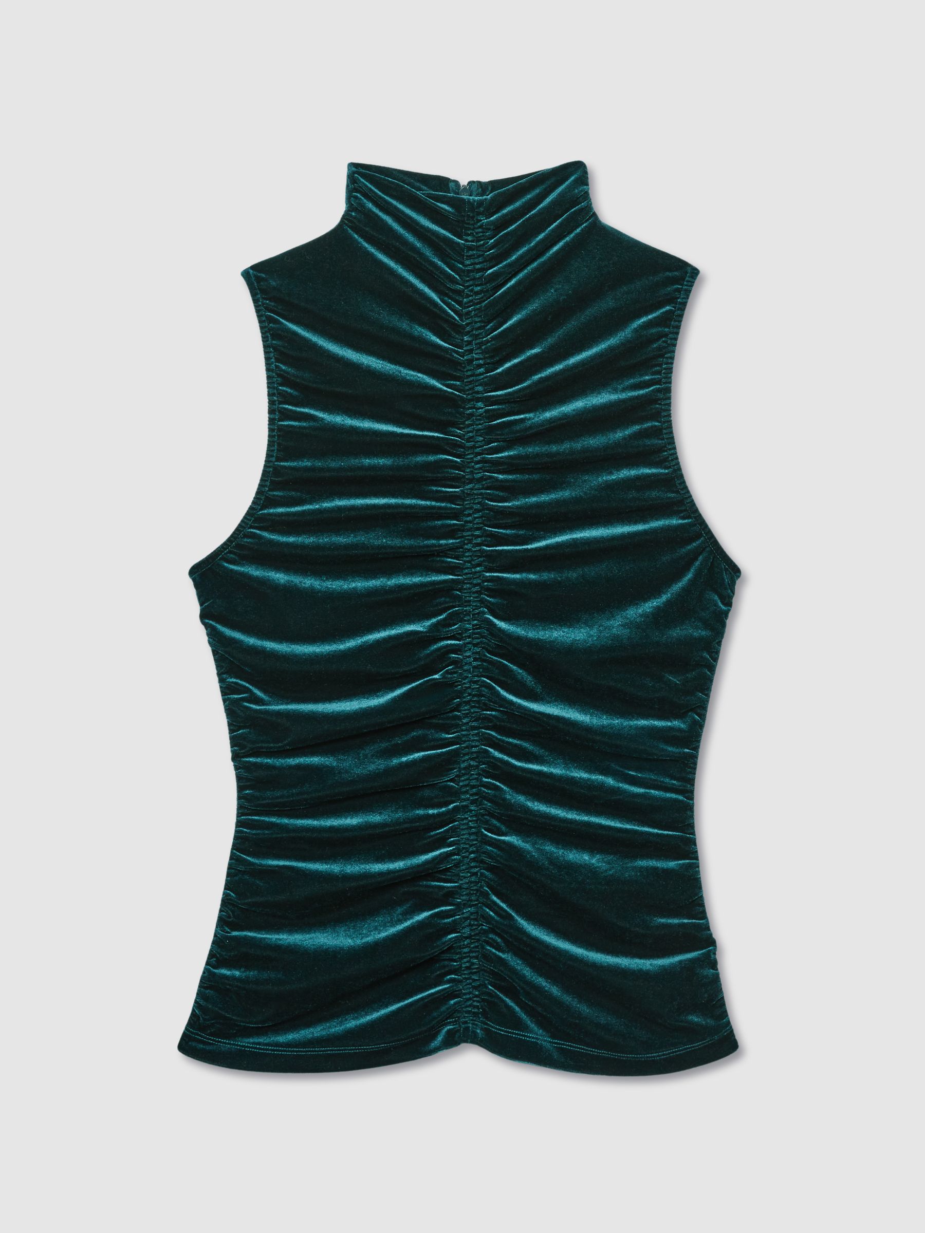 Racer-Front Ruched-Velvet Sleeveless Top in Teal - Image 2 of 7