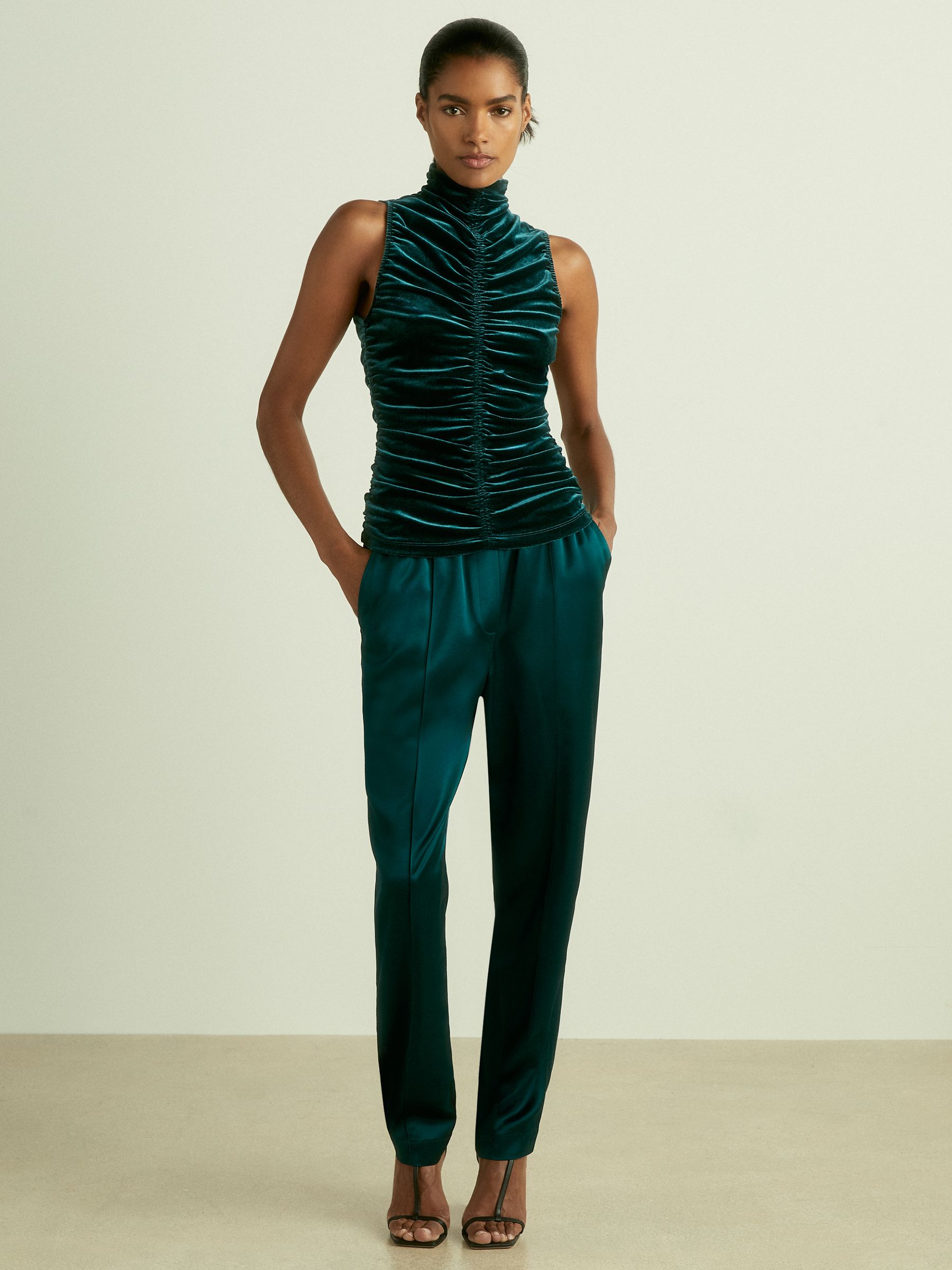 Racer-Front Ruched-Velvet Sleeveless Top in Teal - Image 3 of 7