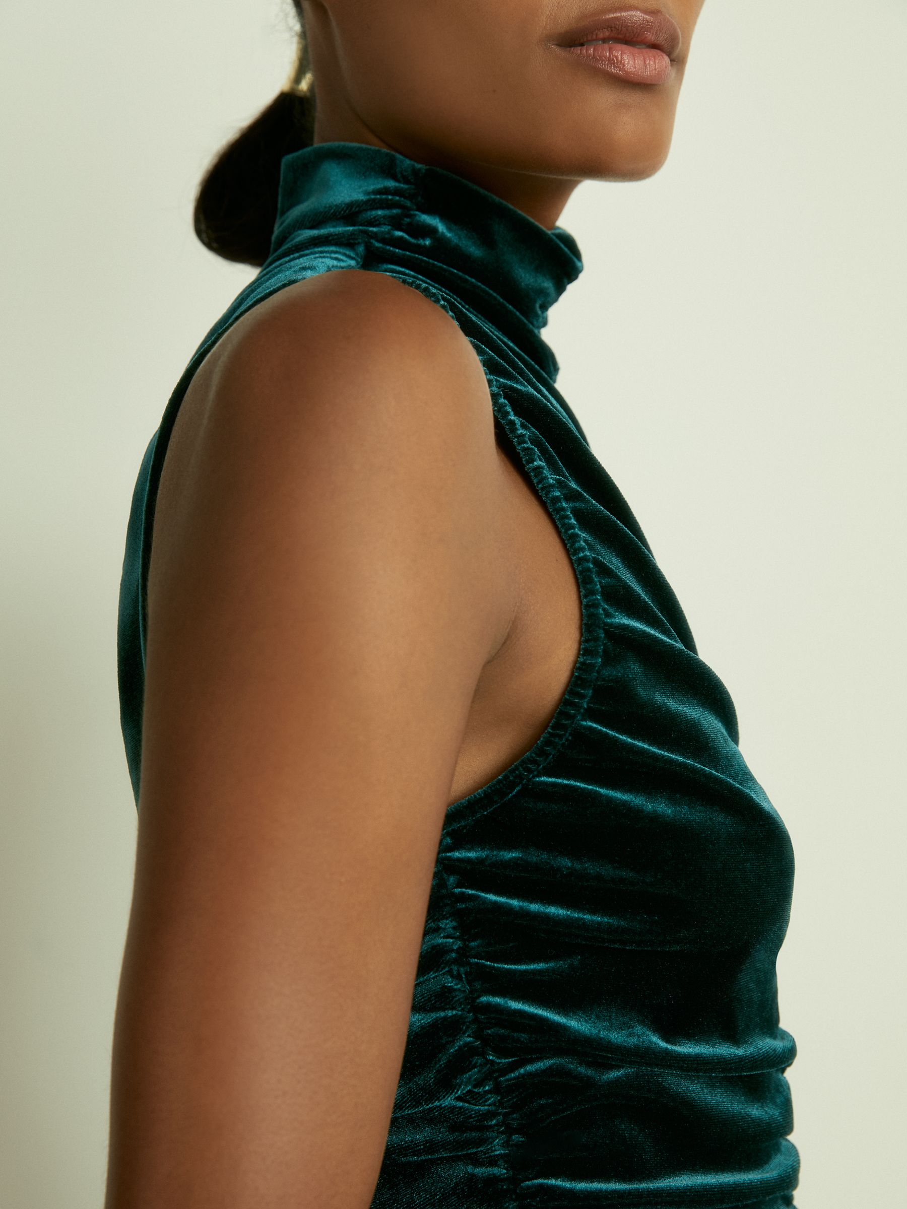 Racer-Front Ruched-Velvet Sleeveless Top in Teal - Image 4 of 7