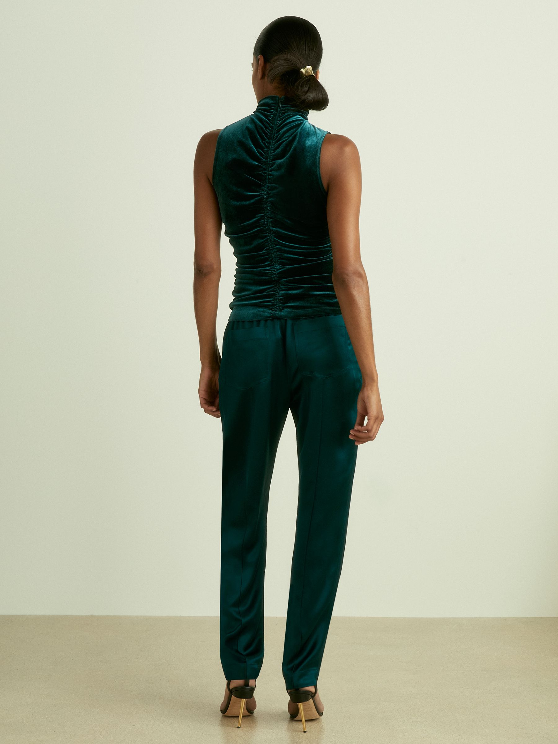 Racer-Front Ruched-Velvet Sleeveless Top in Teal - Image 5 of 7