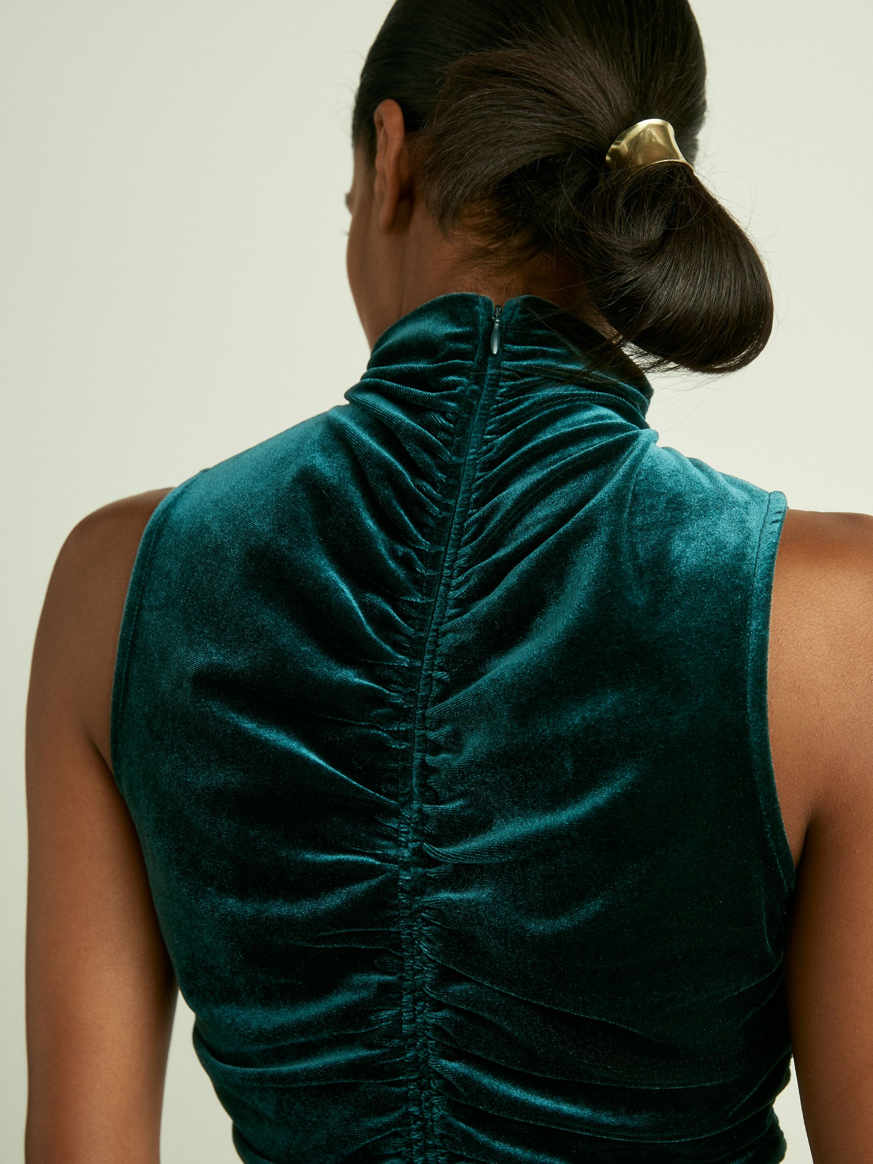 Racer-Front Ruched-Velvet Sleeveless Top in Teal - Image 6 of 7