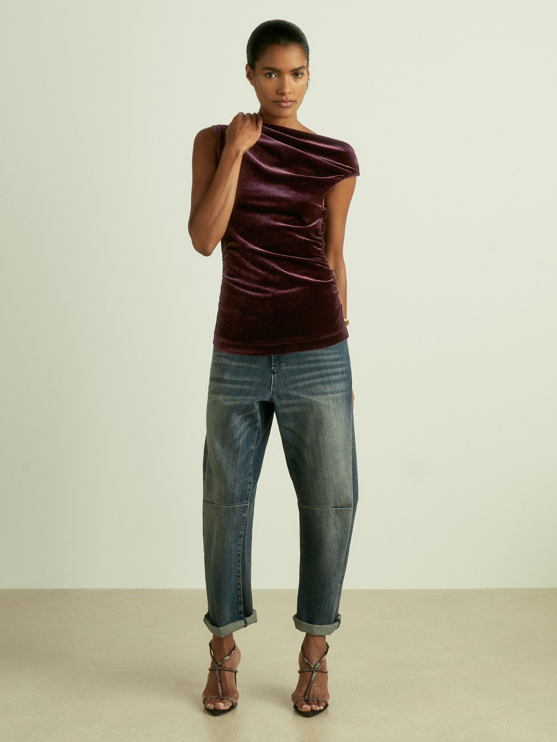 Velvet Drape Off-Shoulder Top in Berry - image 3