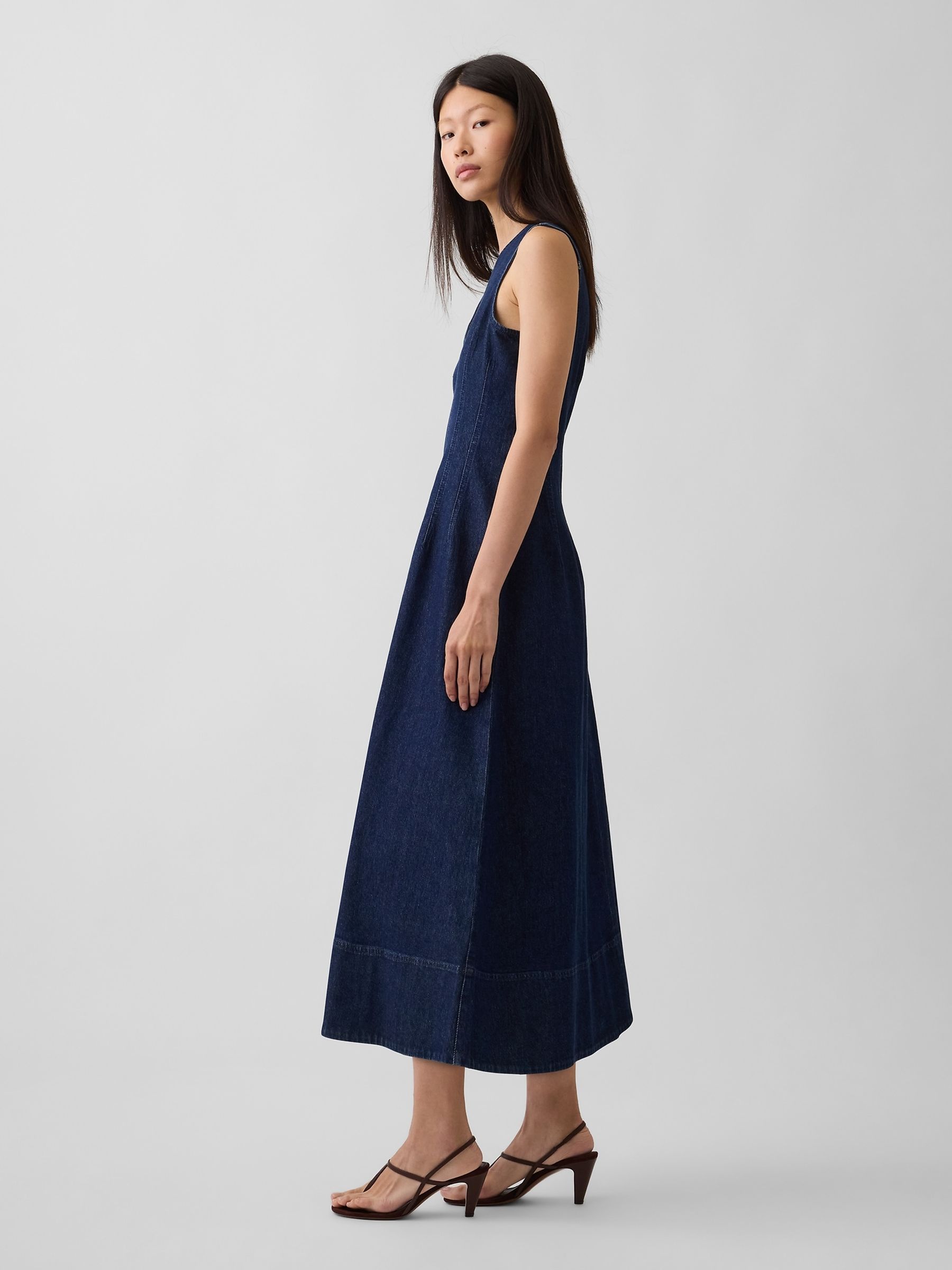 Dark Wash Denim V-Neck Maxi Dress - Image 3 of 4