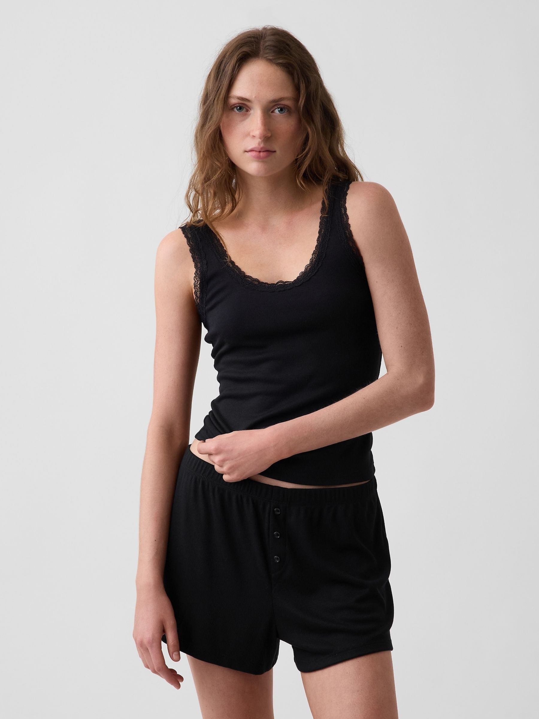 Black Mini Rib Lace-Trim Pyjamas Vest - Image 1 of 4