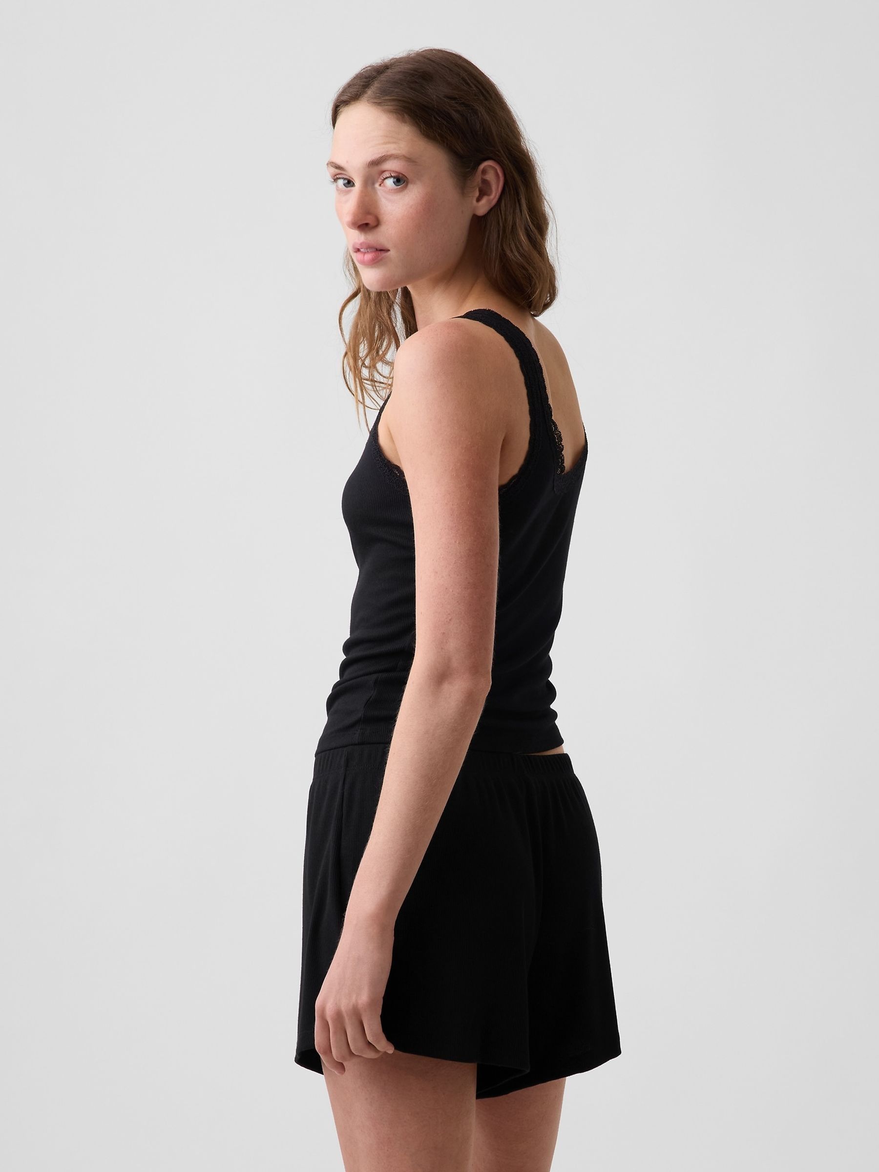 Black Mini Rib Lace-Trim Pyjamas Vest - Image 2 of 4