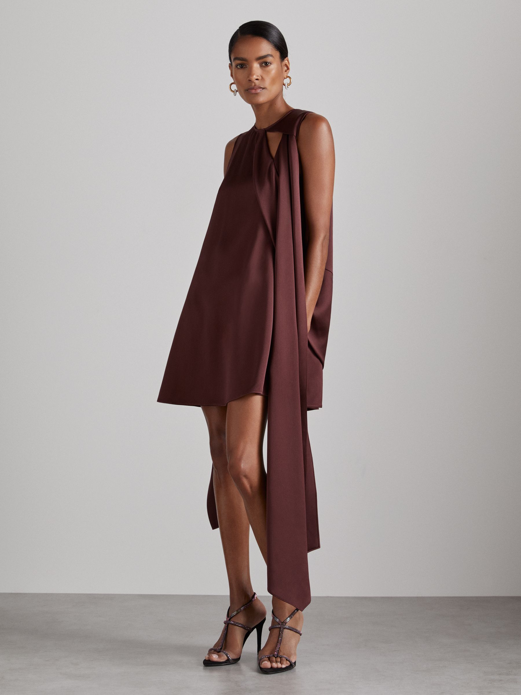 Atelier Satin Draped-Sash Mini Dress in Burgundy - Image 1 of 6