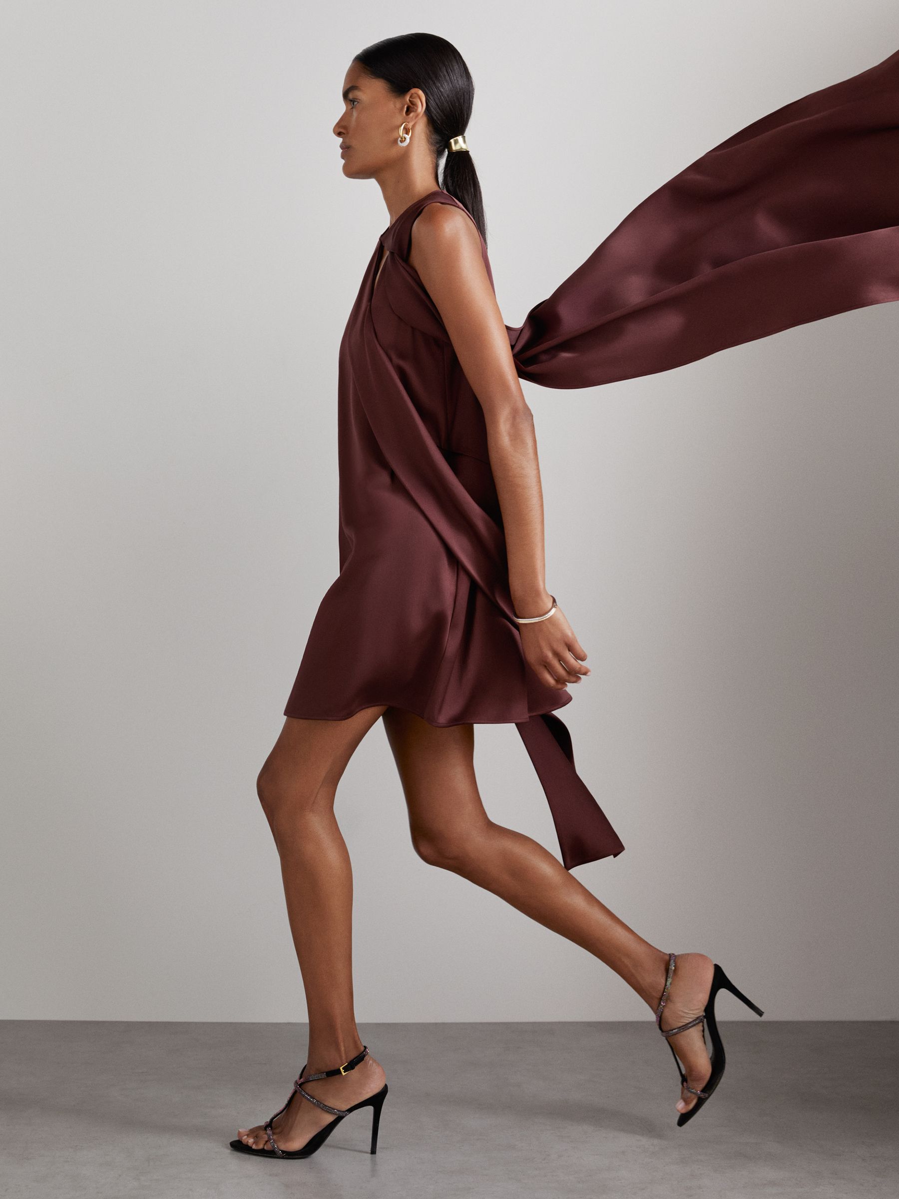 Atelier Satin Draped-Sash Mini Dress in Burgundy - Image 3 of 6