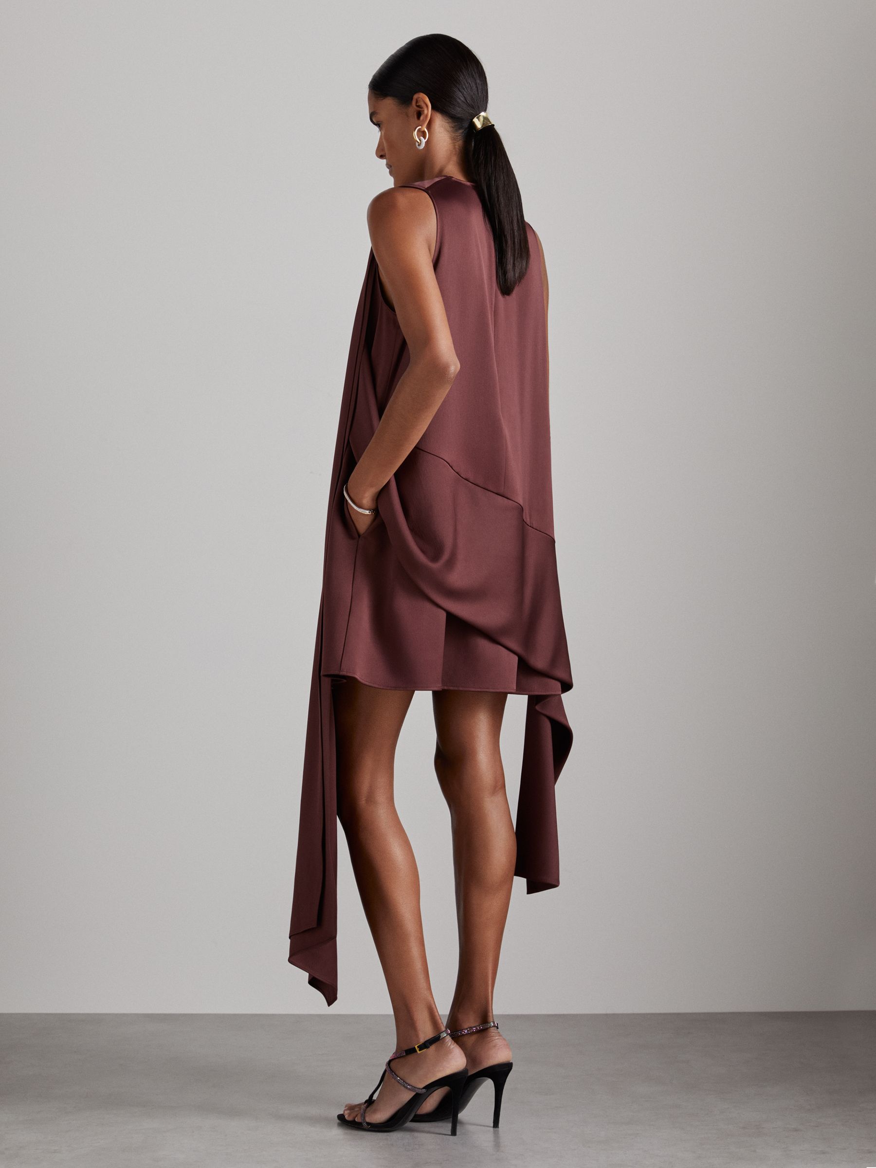 Atelier Satin Draped-Sash Mini Dress in Burgundy - Image 5 of 6