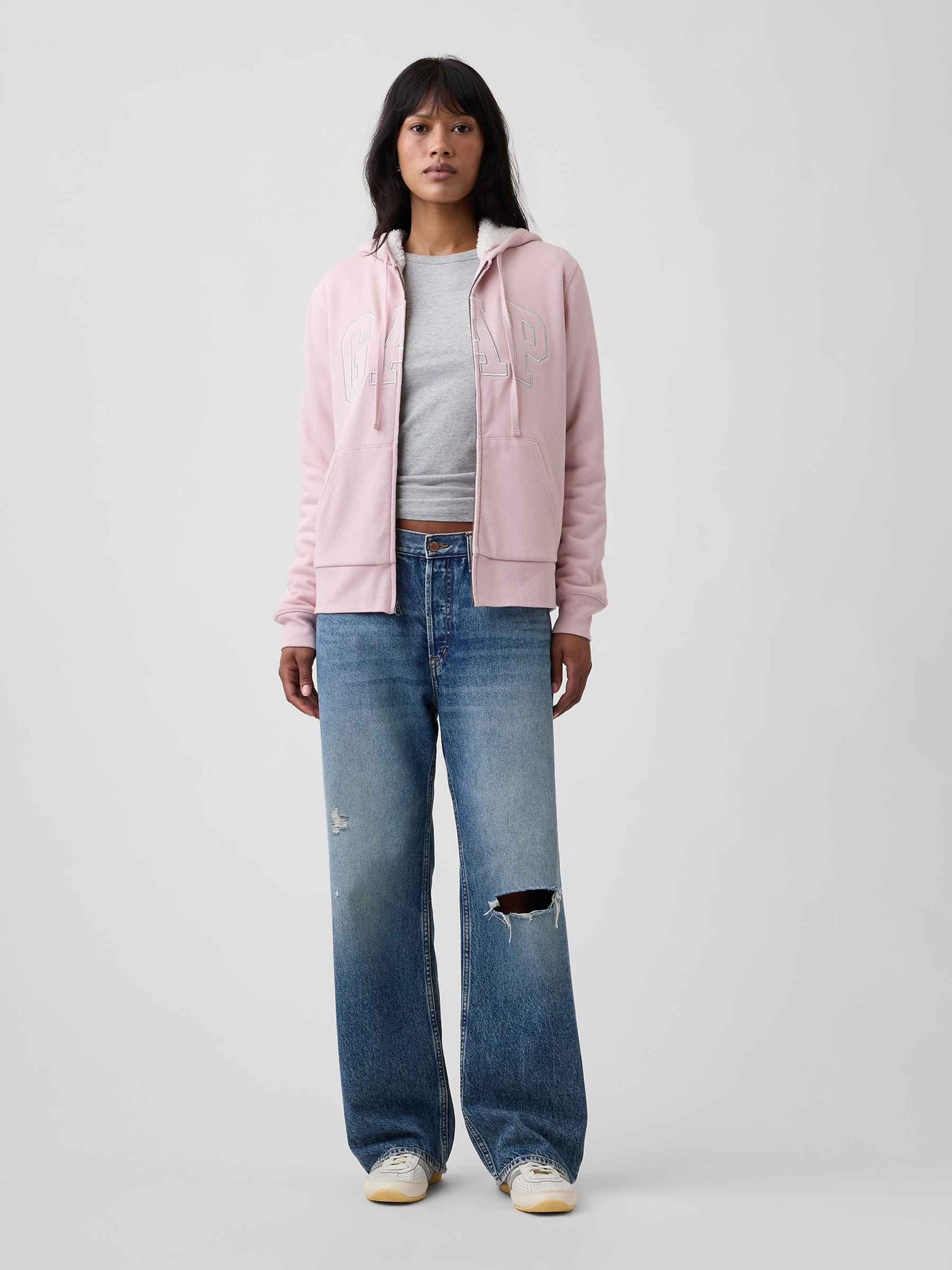 Light Pink Relaxed Logo Sherpa-Lined Zip-Up Hoodie - Image 3 of 4
