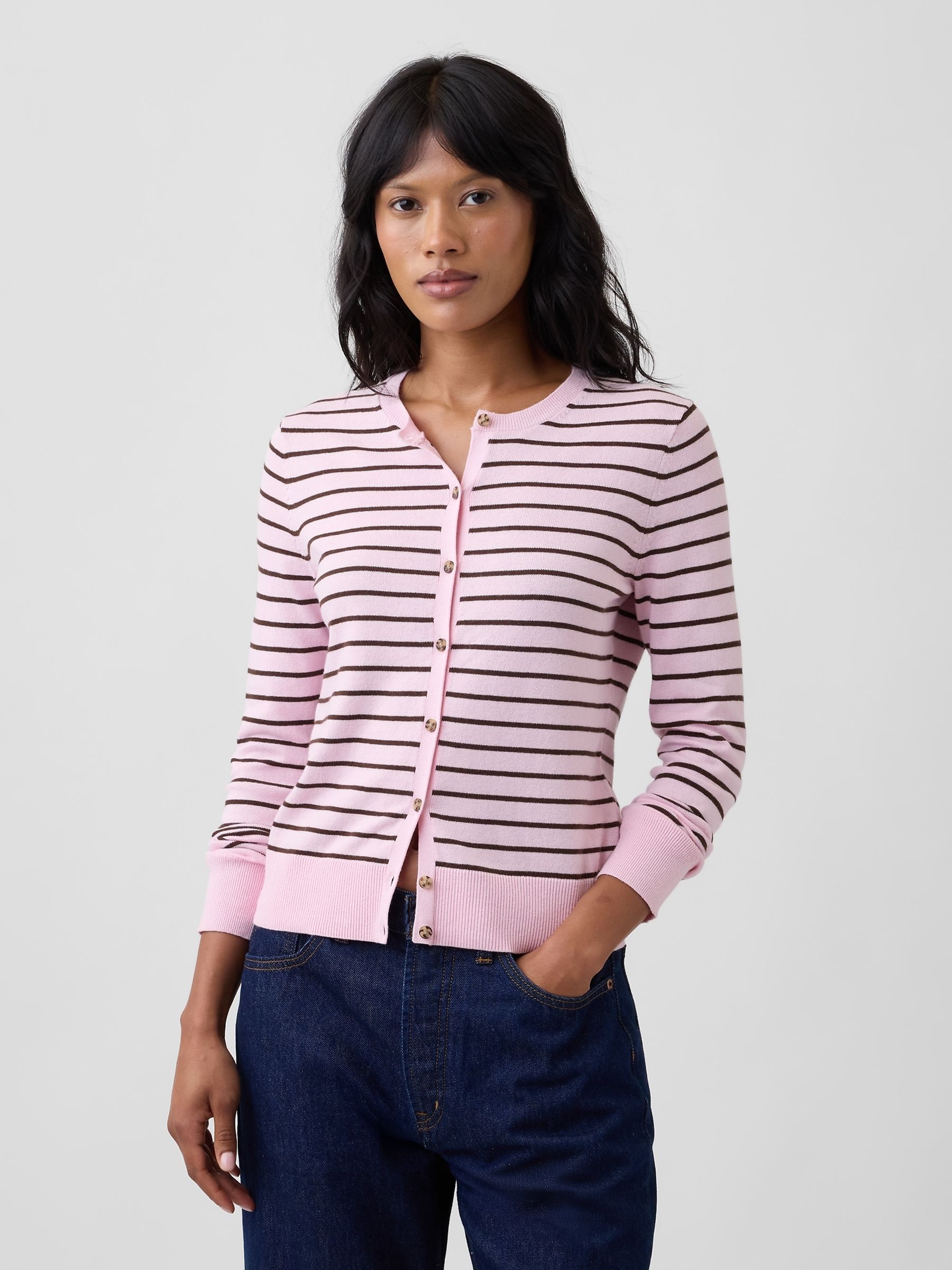 Pink Stripe Crew Neck Cardigan - Image 1 of 5