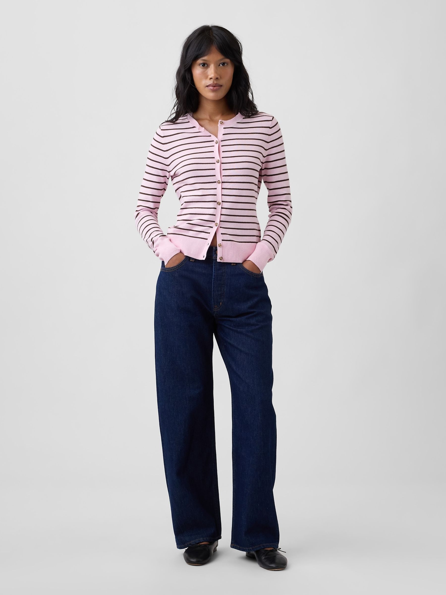 Pink Stripe Crew Neck Cardigan - Image 3 of 5