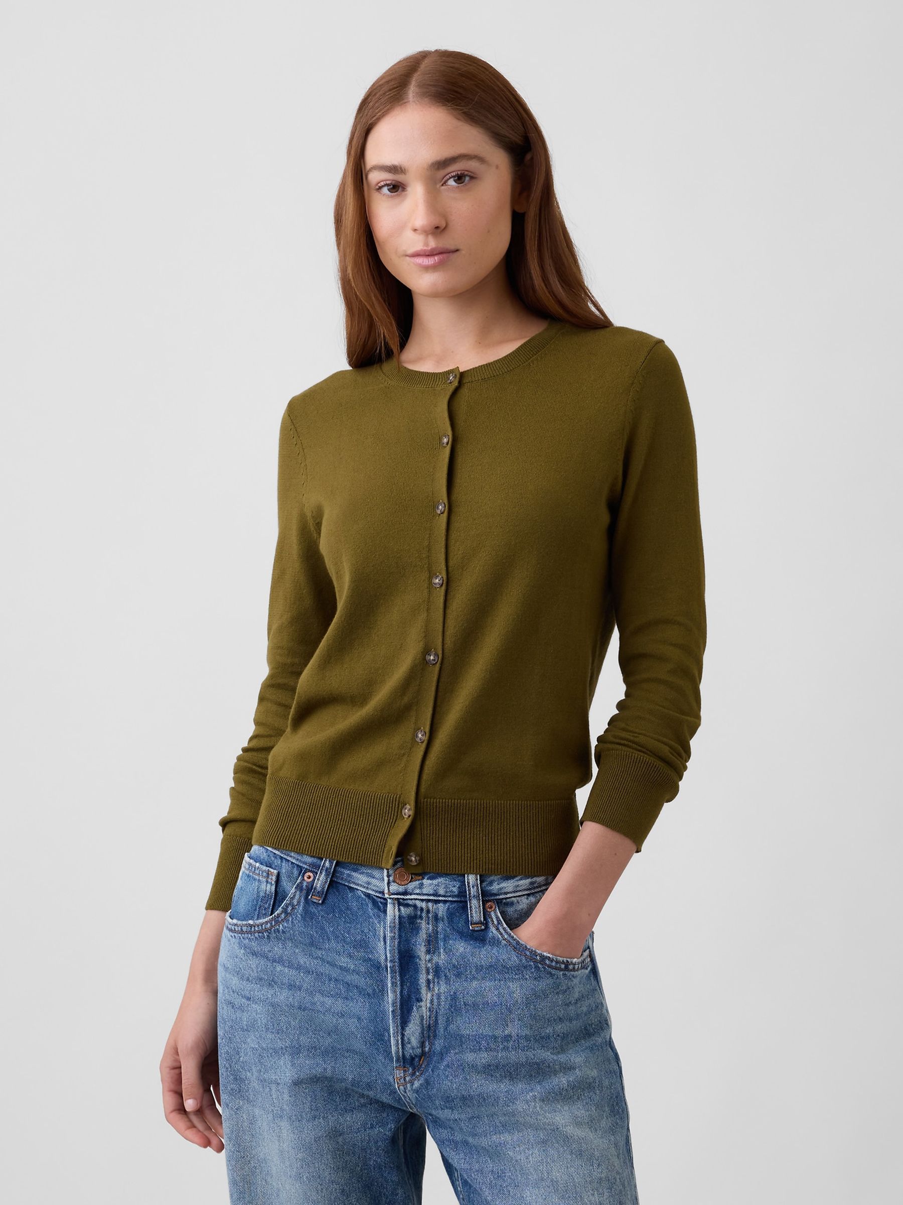 Olive Green Crew Neck Cardigan - Image 1 of 5 Olive Green Crew Neck Cardigan - Image 1 of 5