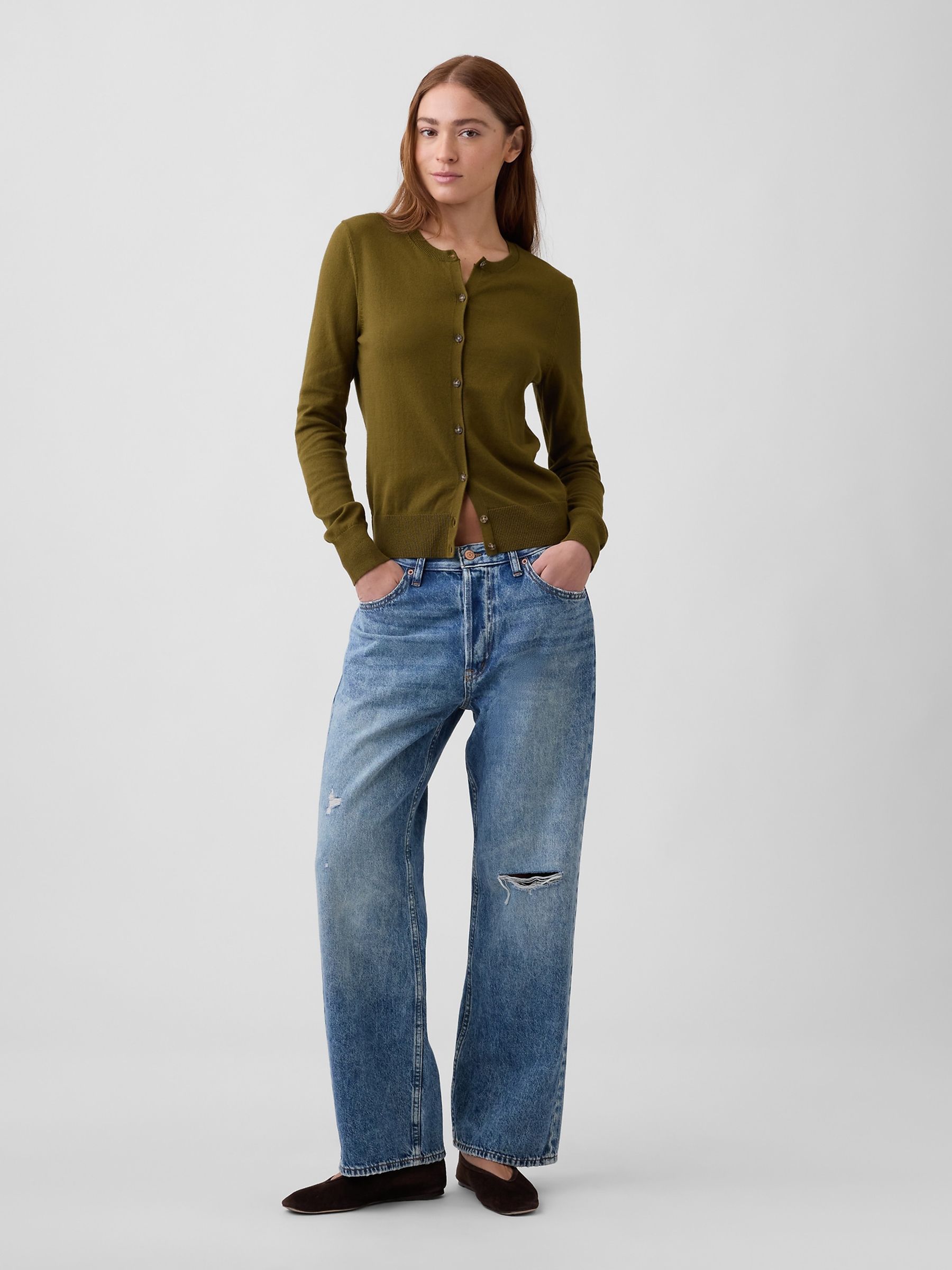Olive Green Crew Neck Cardigan - Image 3 of 5
