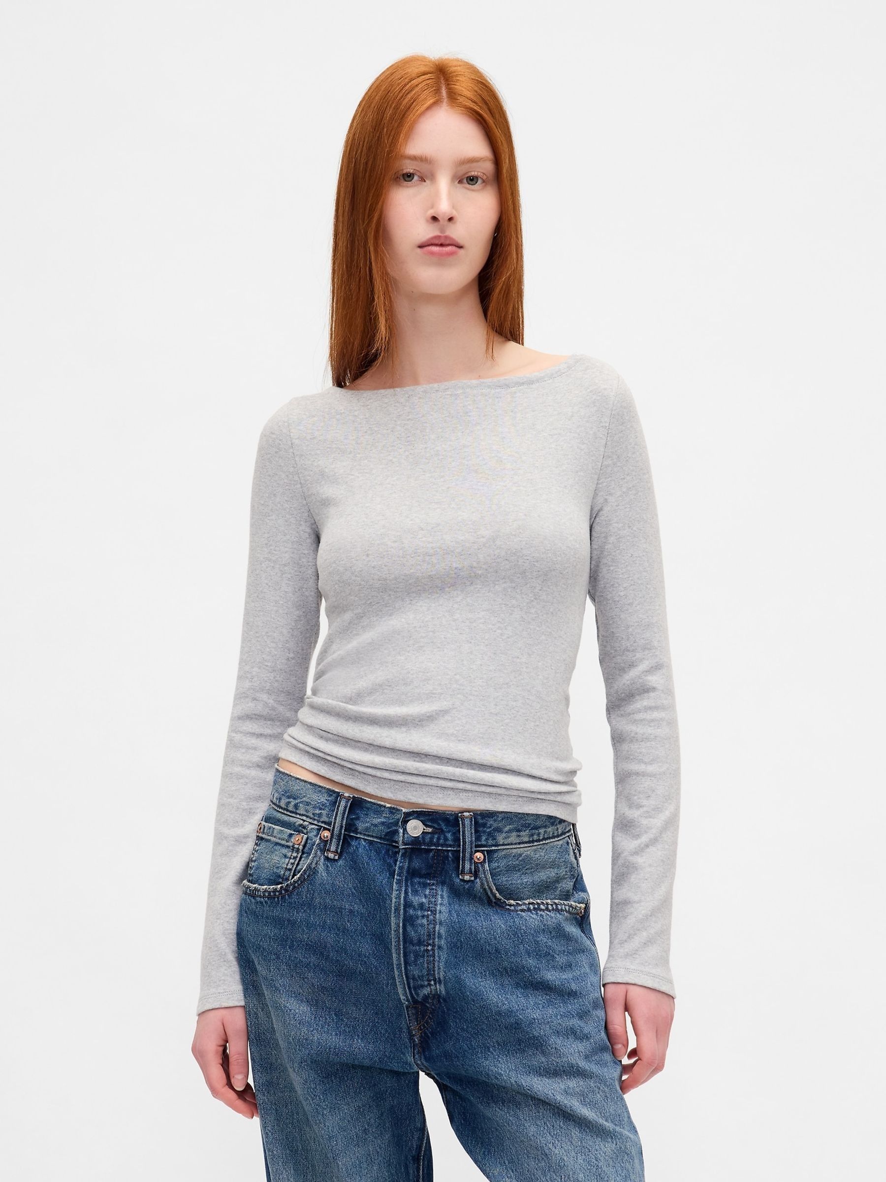 Grey Modern Boatneck Long Sleeve T-Shirt - Image 1 of 4