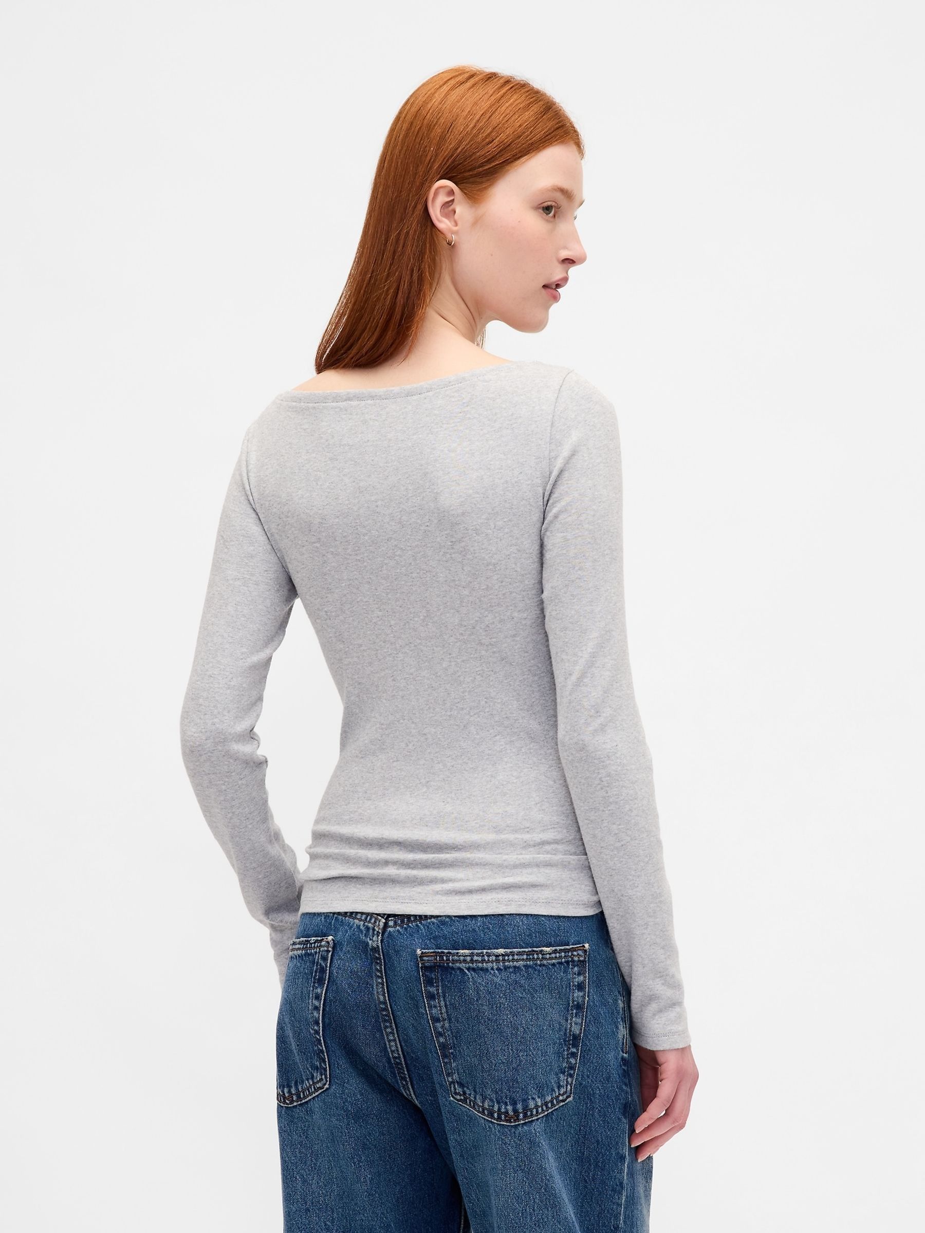 Grey Modern Boatneck Long Sleeve T-Shirt - Image 2 of 4