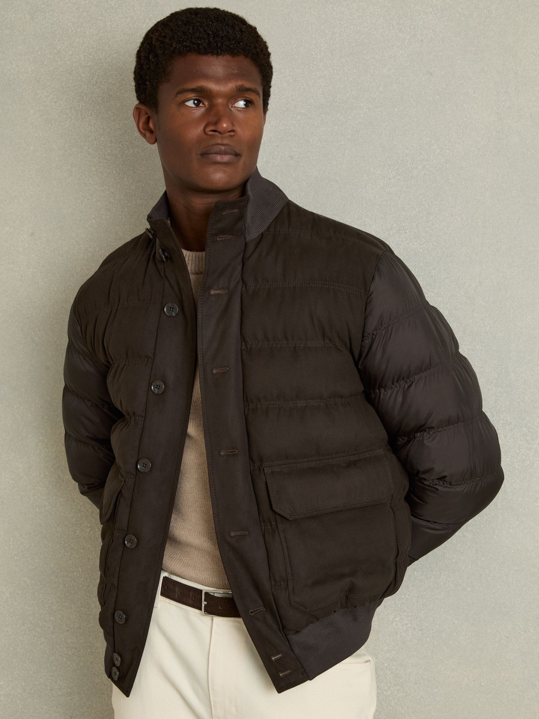 Patch-Pocket Quilted-Alcantara Jacket in Chocolate Brown - Image 1 of 7 Patch-Pocket Quilted-Alcantara Jacket in Chocolate Brown - Image 1 of 7