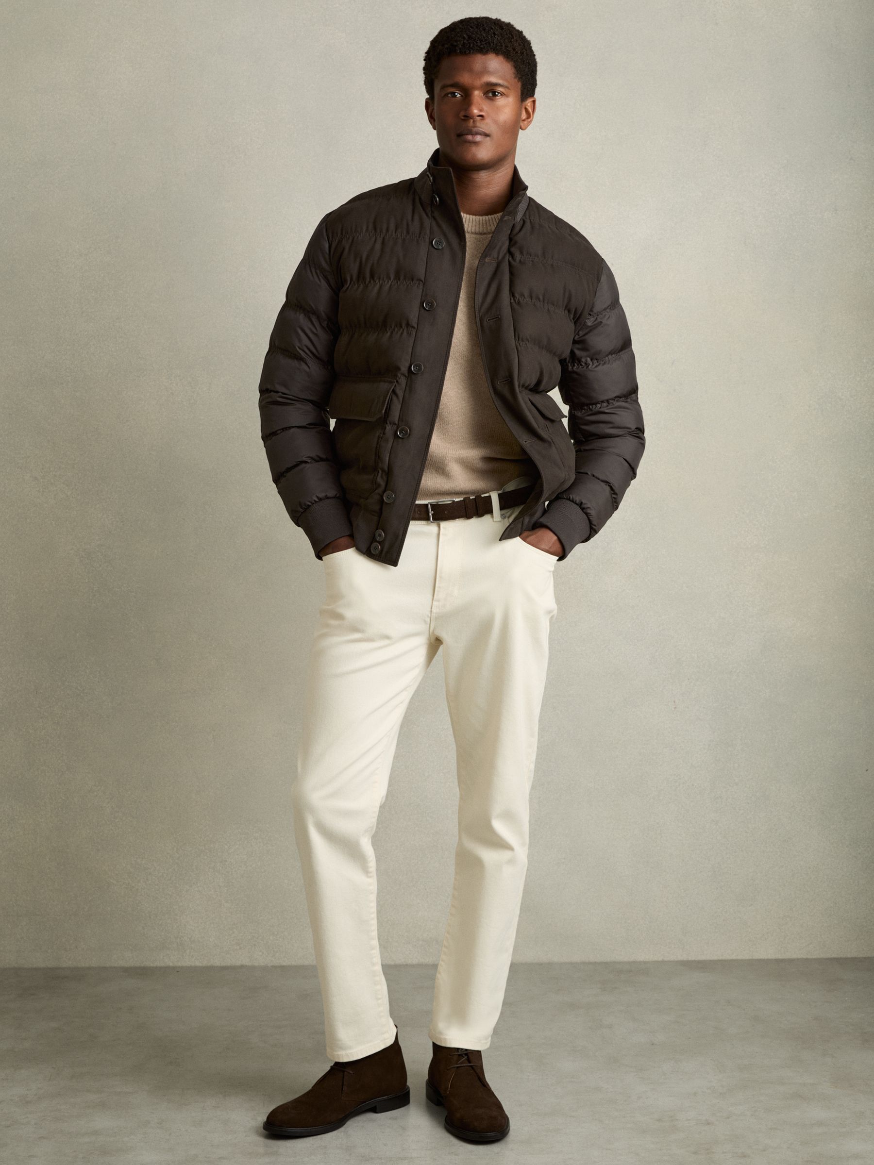 Patch-Pocket Quilted-Alcantara Jacket in Chocolate Brown - Image 3 of 7