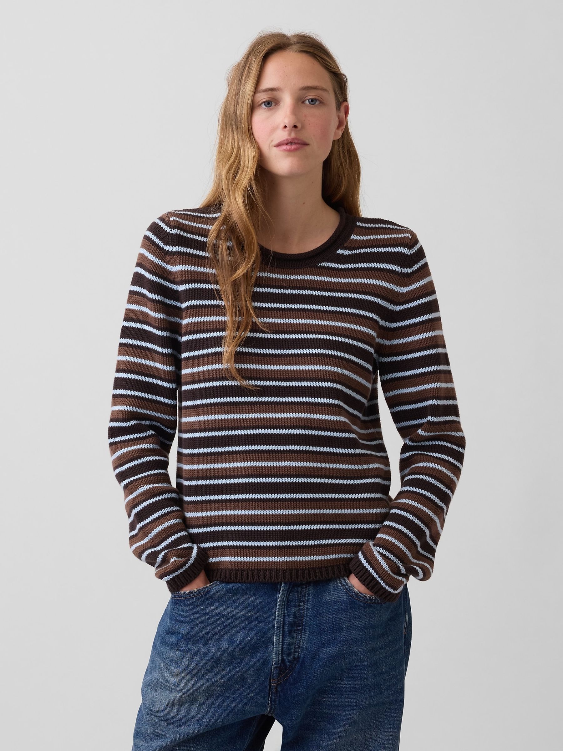 Brown Stripe Rolled Neck Jumper - Image 1 of 4