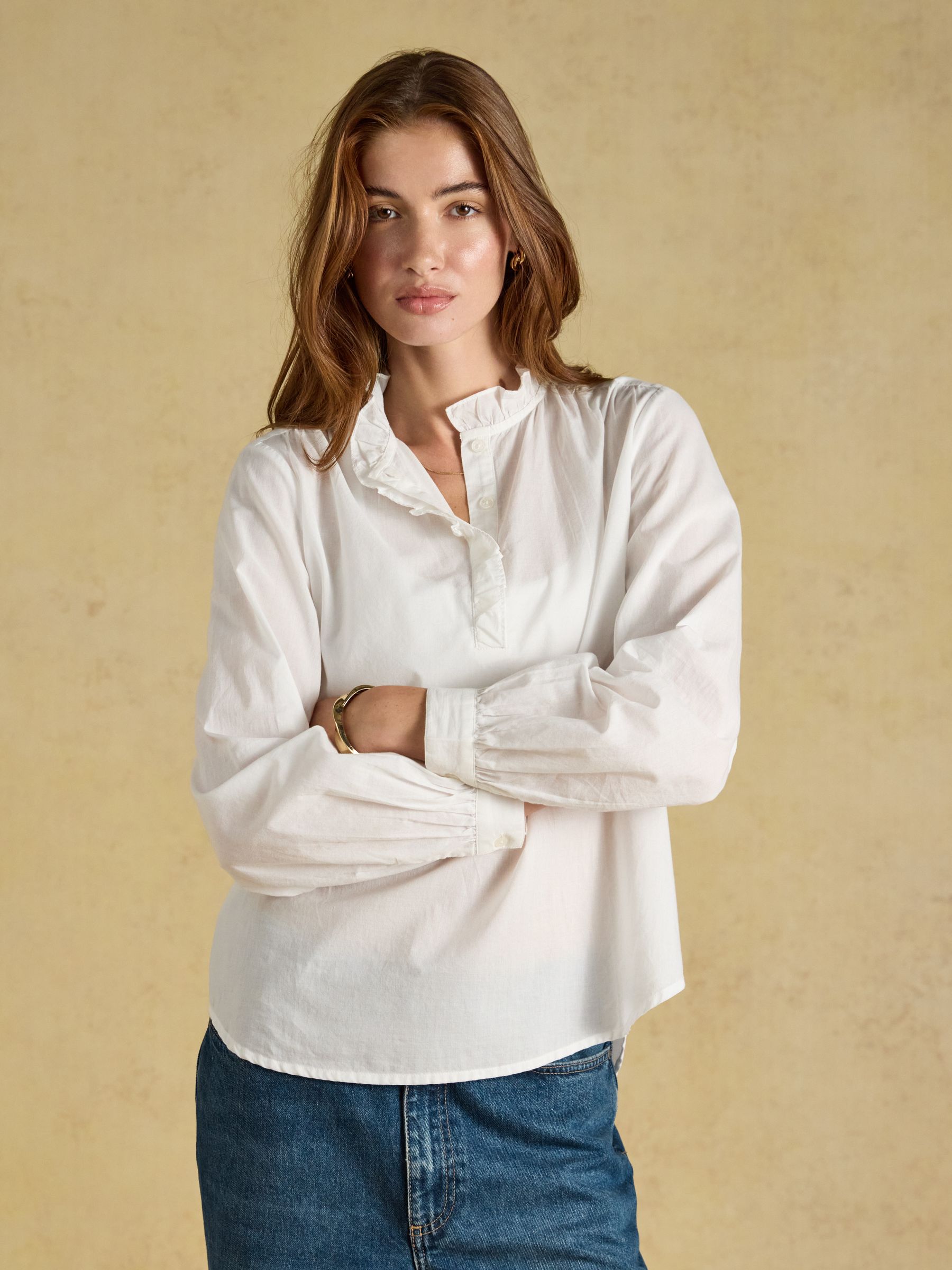 Melanie White Long Sleeve Blouse With Ruffle Neck - Image 1 of 7