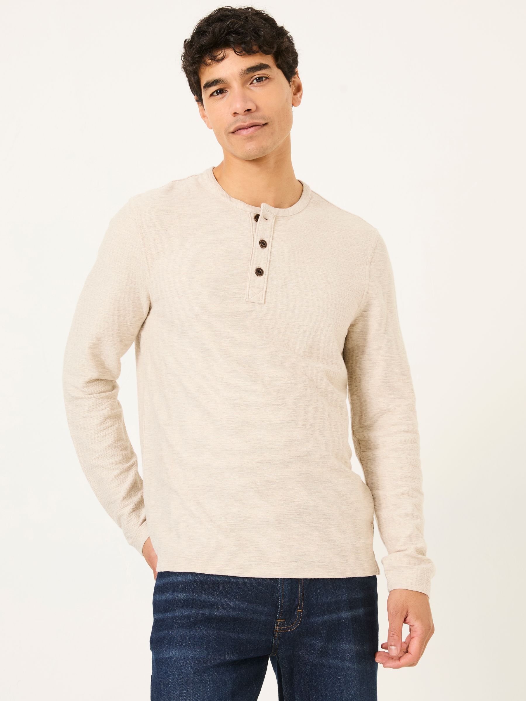 Natural 100% Cotton Long Sleeve Nutbourne Henley T-Shirt - Image 1 of 6