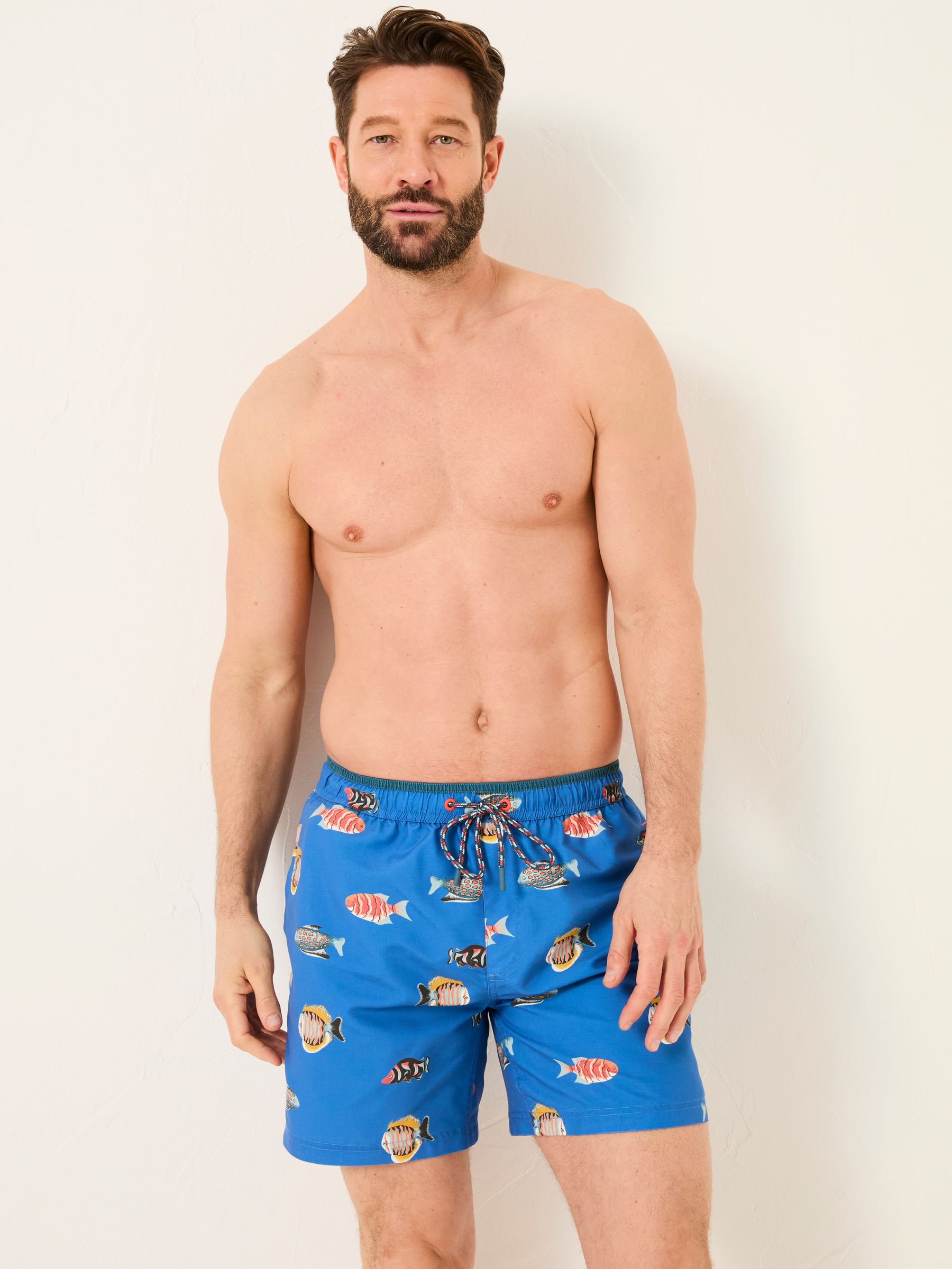 Trevose Blue Fish Print Swim Shorts - Image 1 of 5