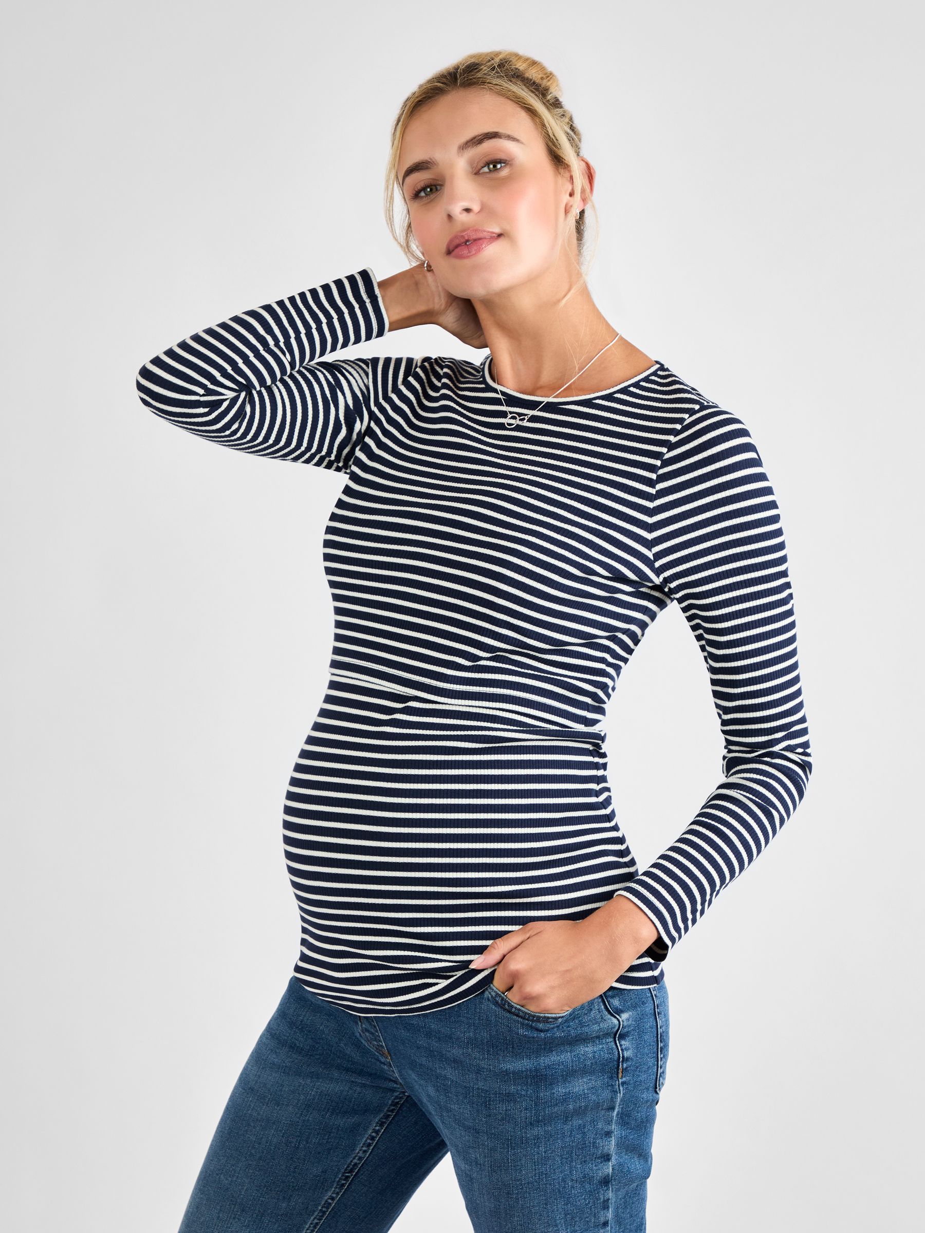Navy White Stripe Ribbed Maternity & Nursing Stripe Top - Image 1 of 4