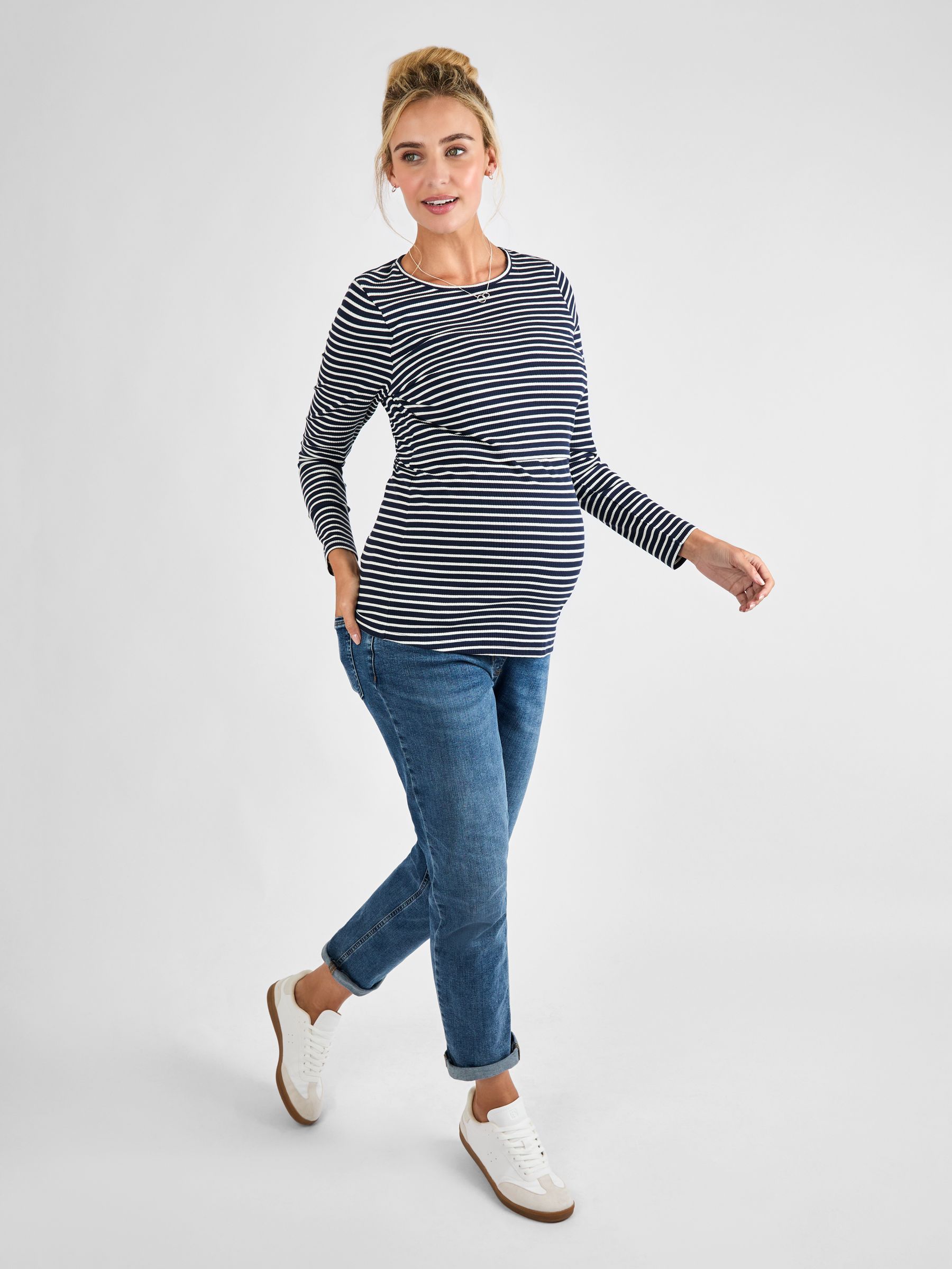 Navy White Stripe Ribbed Maternity & Nursing Stripe Top - Image 3 of 4