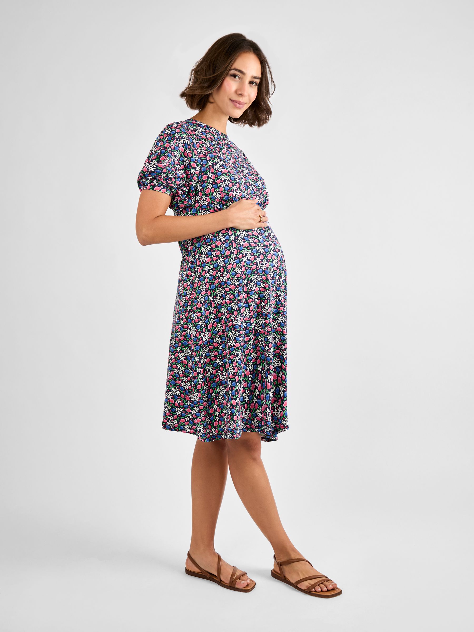 Navy Maternity Floral Print Puff Sleeve Jersey Tea Dress - Image 3 of 4