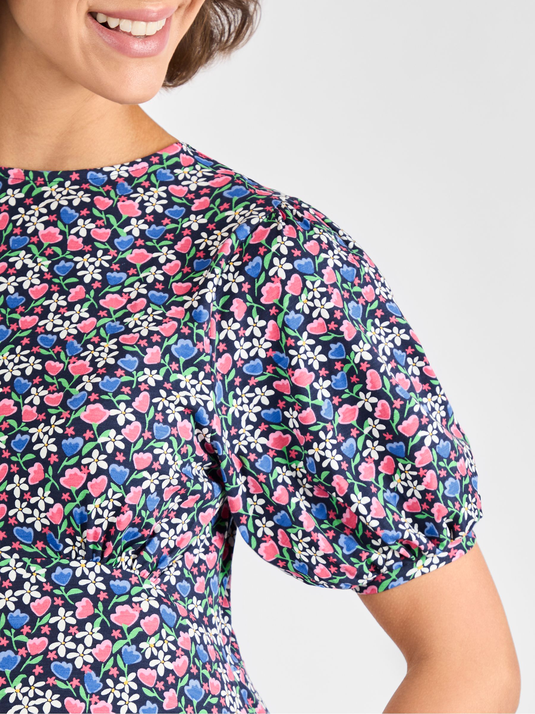 Navy Maternity Floral Print Puff Sleeve Jersey Tea Dress - Image 4 of 4
