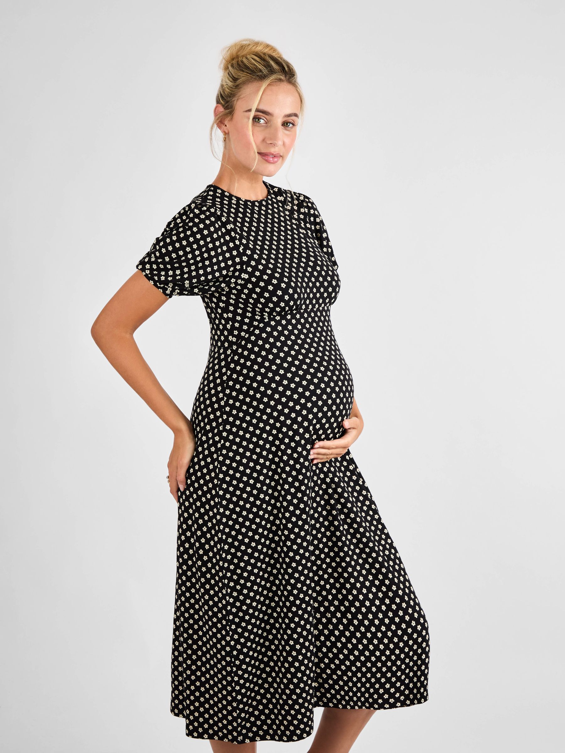 Black Ditsy Puff Sleeve Maternity Midi Jersey Dress - Image 2 of 5