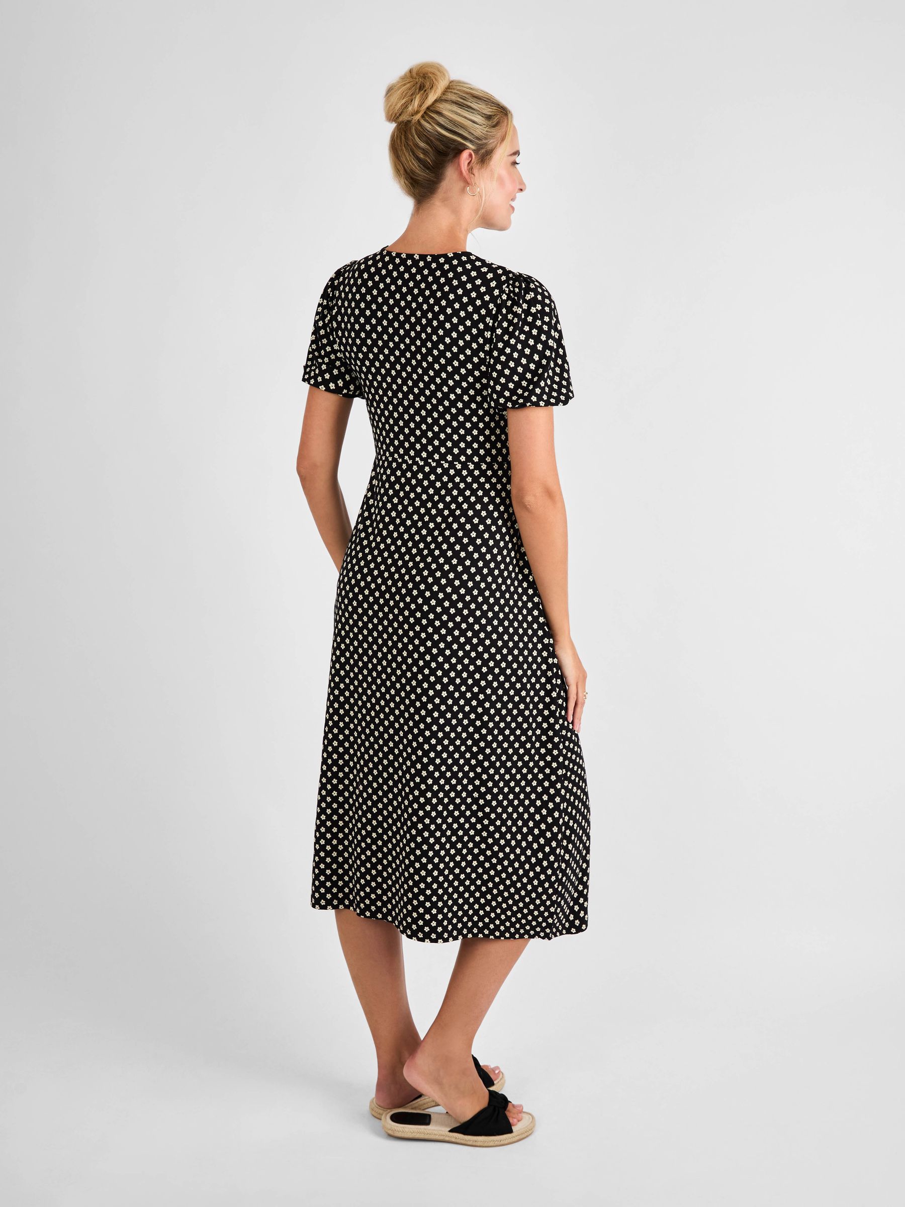 Black Ditsy Puff Sleeve Maternity Midi Jersey Dress - Image 3 of 5