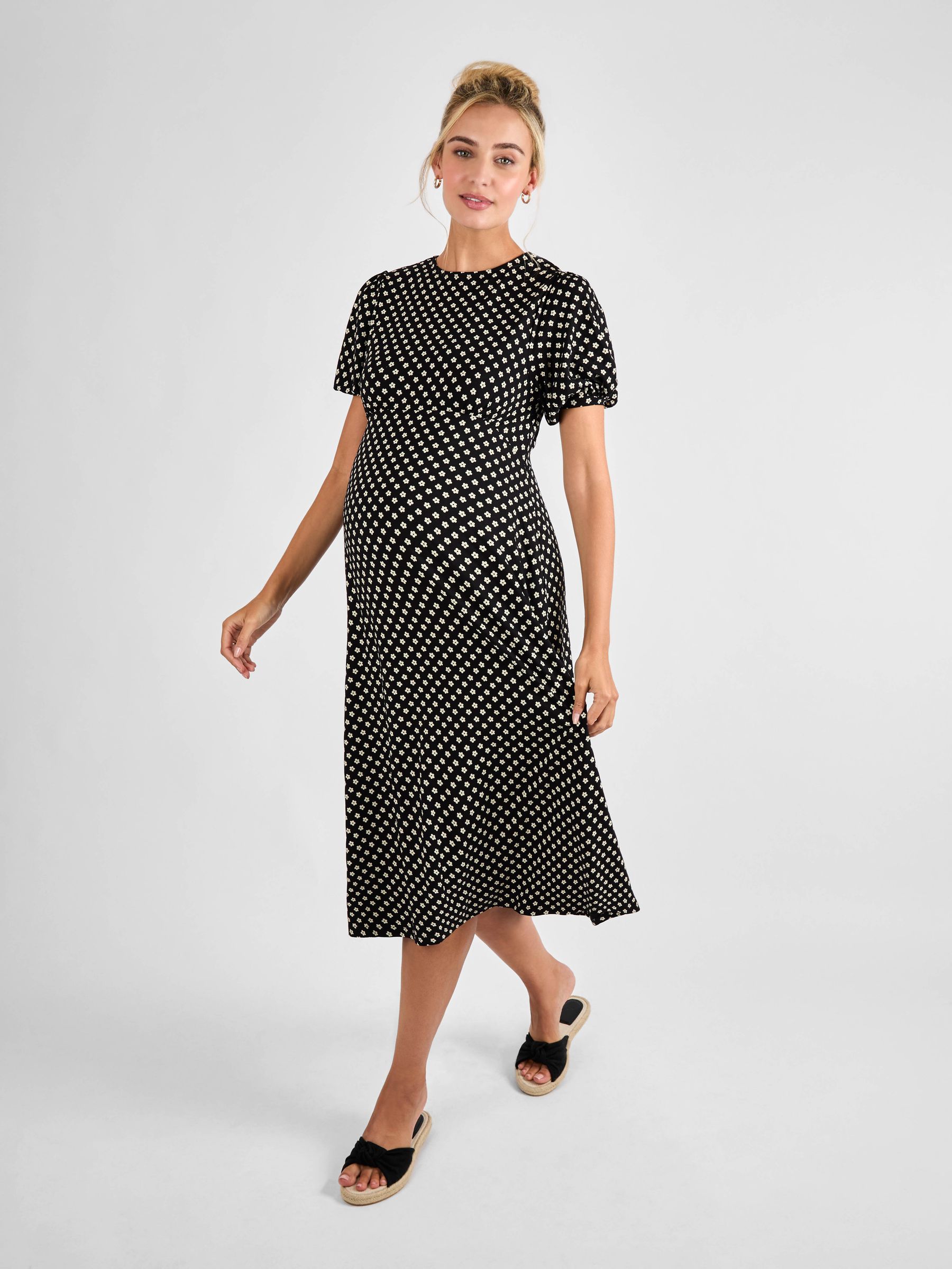 Black Ditsy Puff Sleeve Maternity Midi Jersey Dress | JoJo Maman Bébé