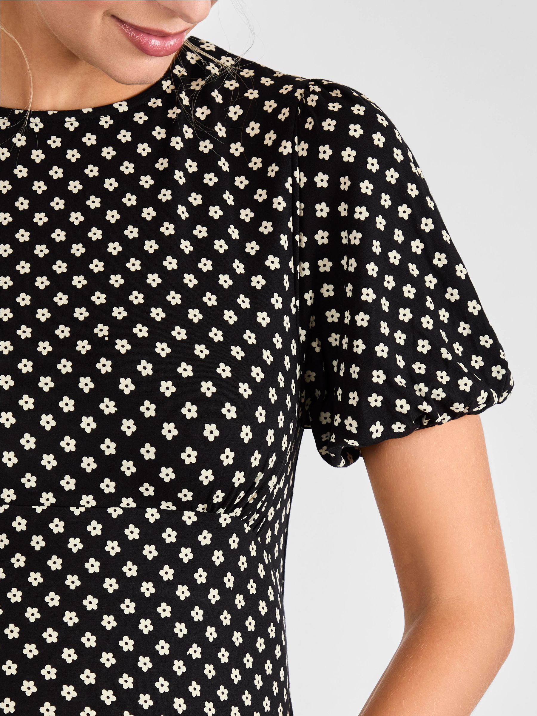 Black Ditsy Puff Sleeve Maternity Midi Jersey Dress - Image 5 of 5