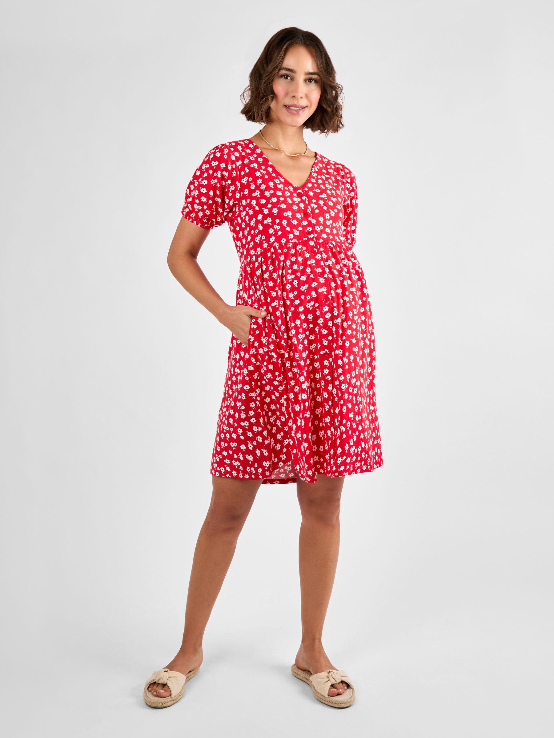Red Ditsy Button Through Maternity Jersey Dress - Image 1 of 4