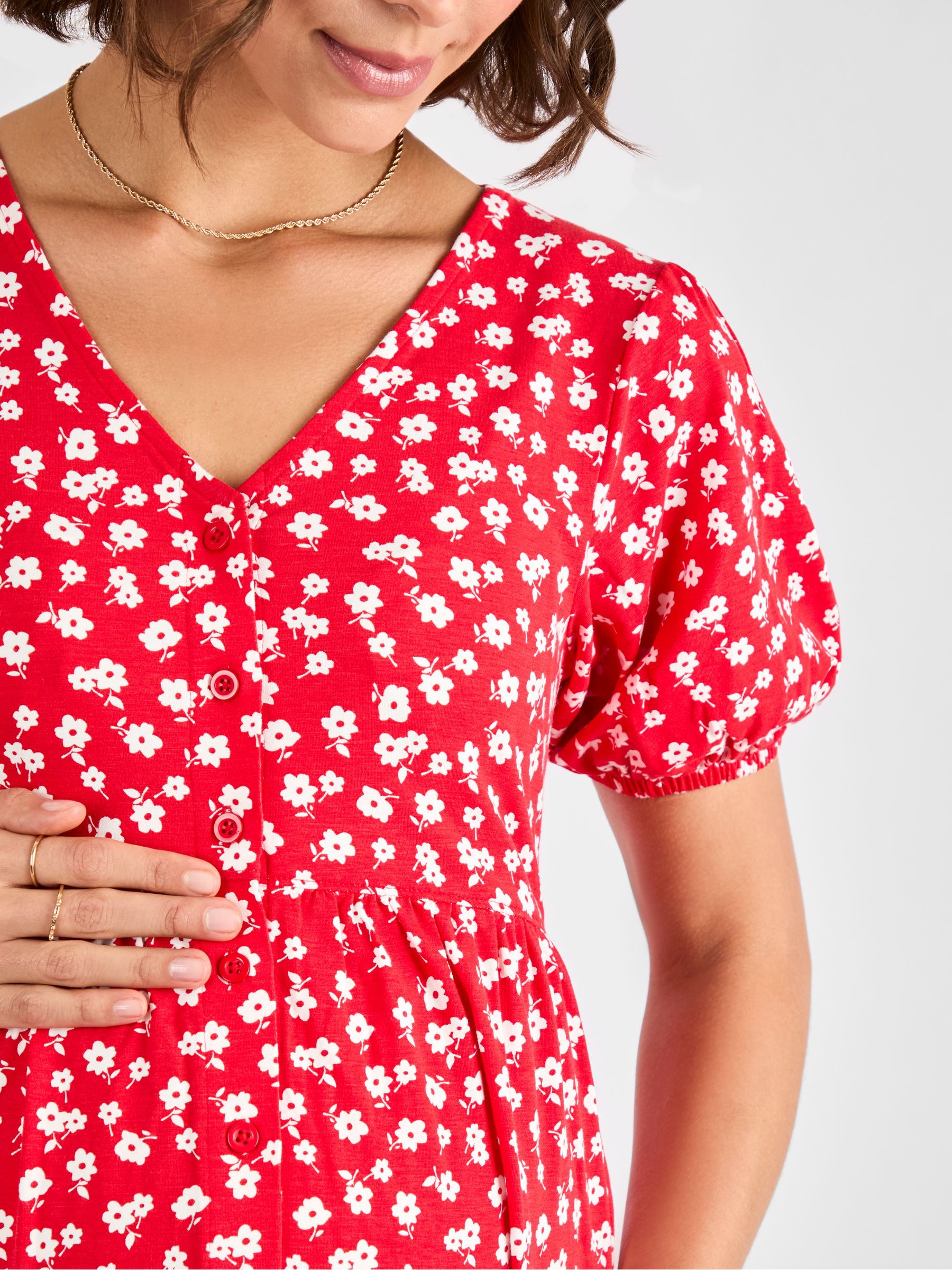 Red Ditsy Button Through Maternity Jersey Dress - Image 4 of 4