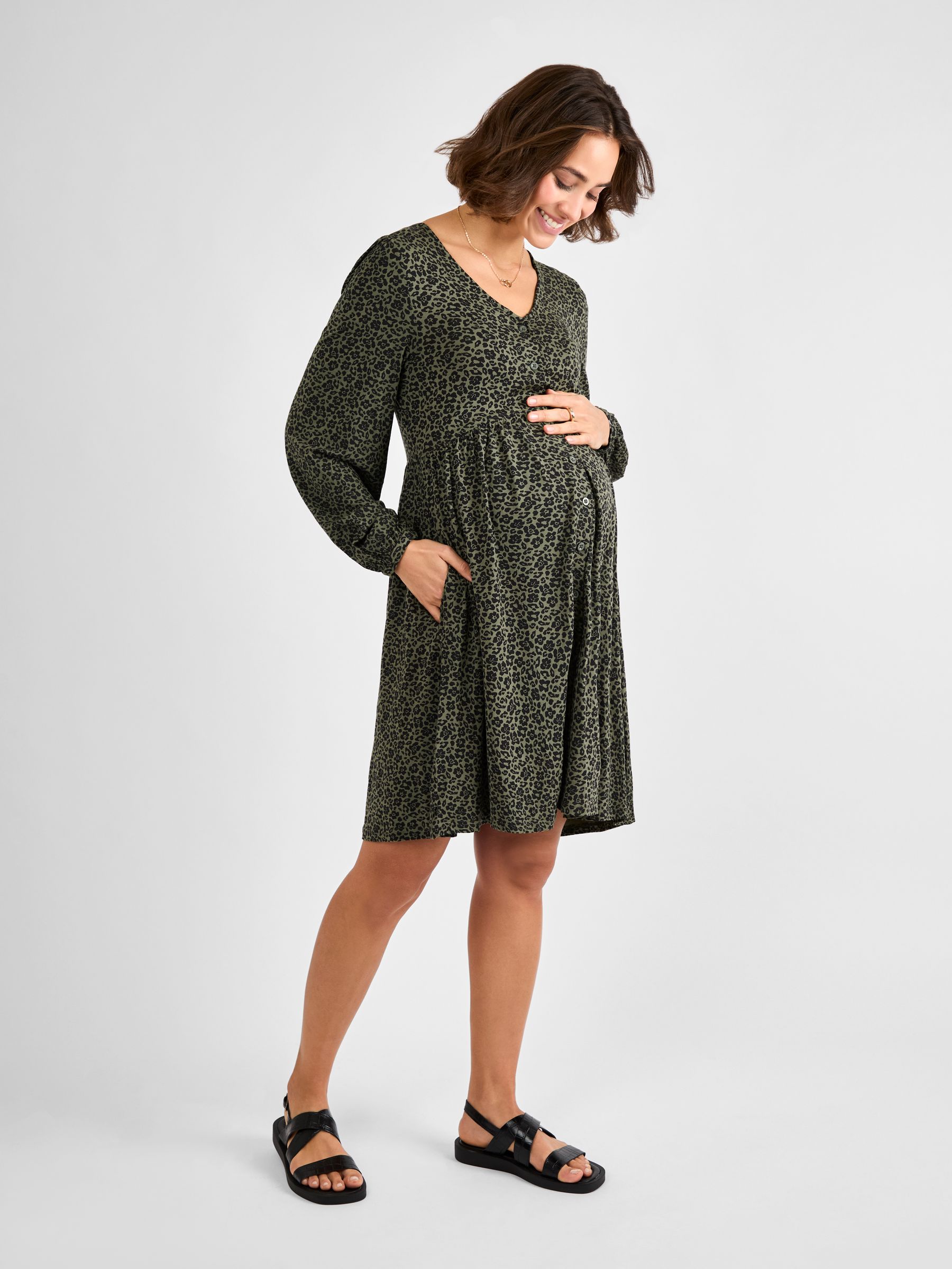 Khaki Maternity Button Through Jersey Dress - Image 3 of 4