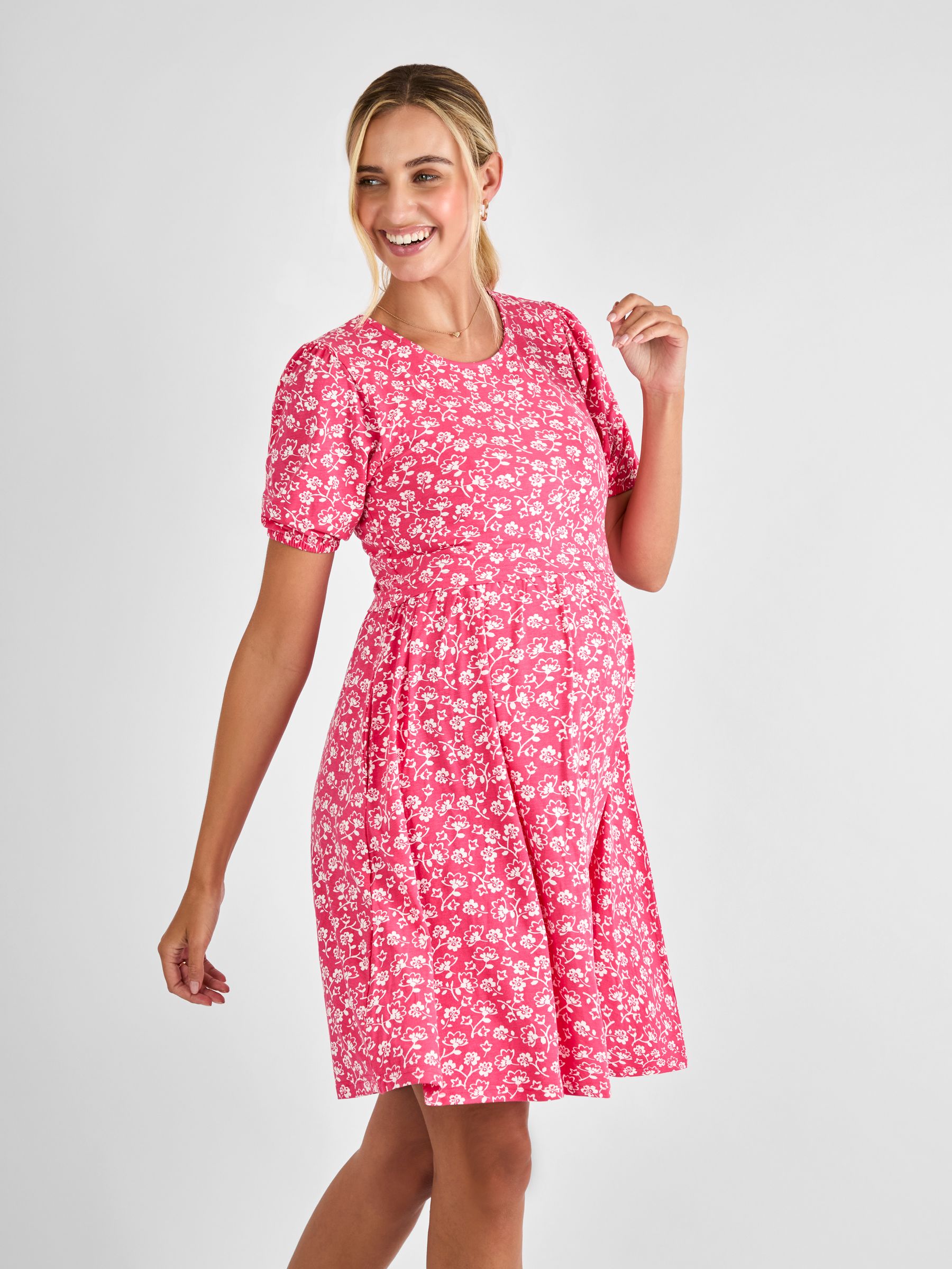Pink Mid Puff Sleeve Printed Jersey Nursing Midi Dress | JoJo Maman Bb USA