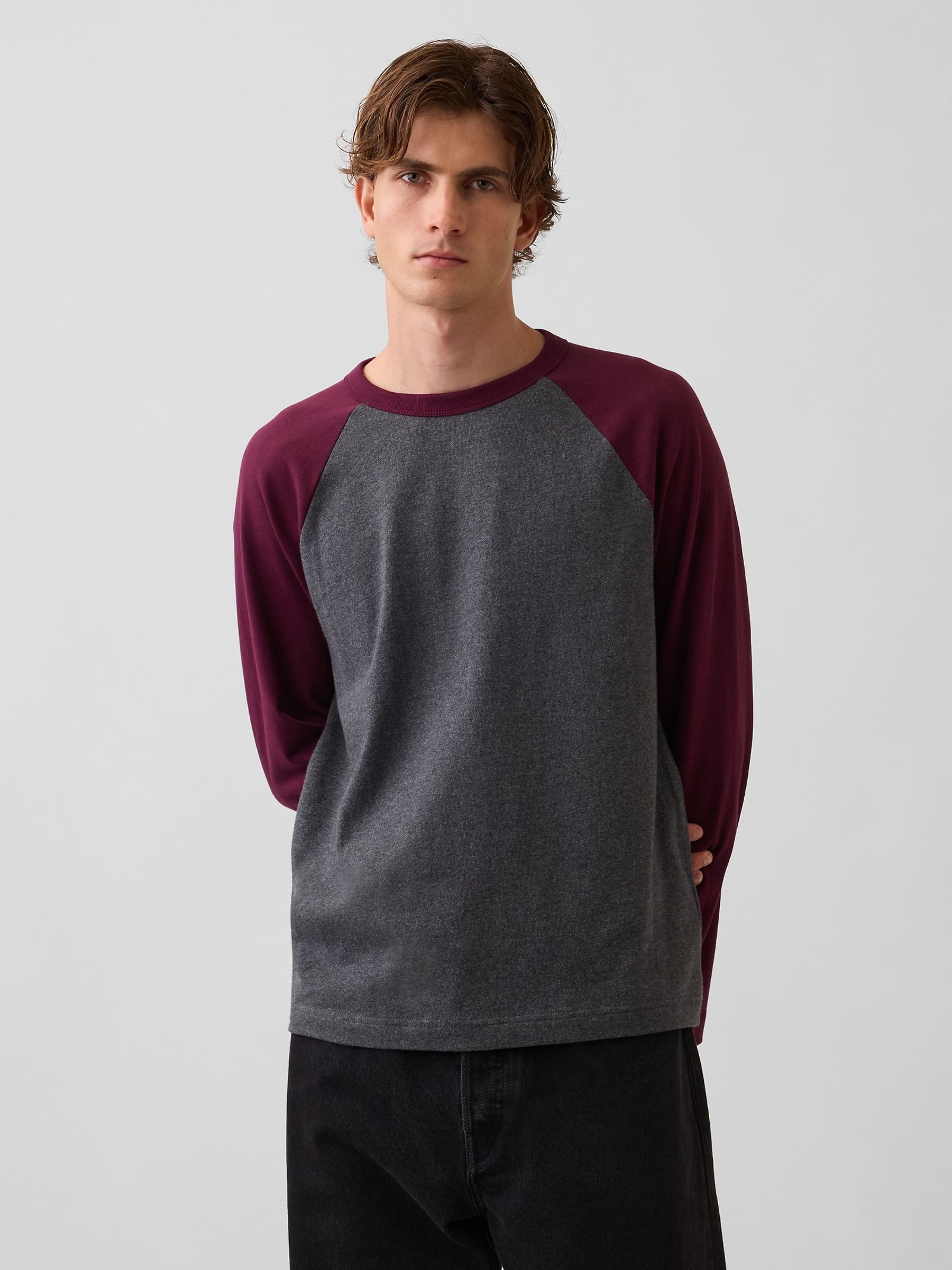 Grey/Burgundy Heavyweight Relaxed Long Sleeve T-Shirt - Image 1 of 4